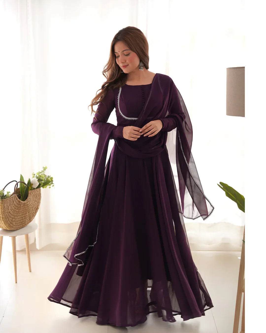 Wine Georgette Anarkali gown with dupatta full set and pants