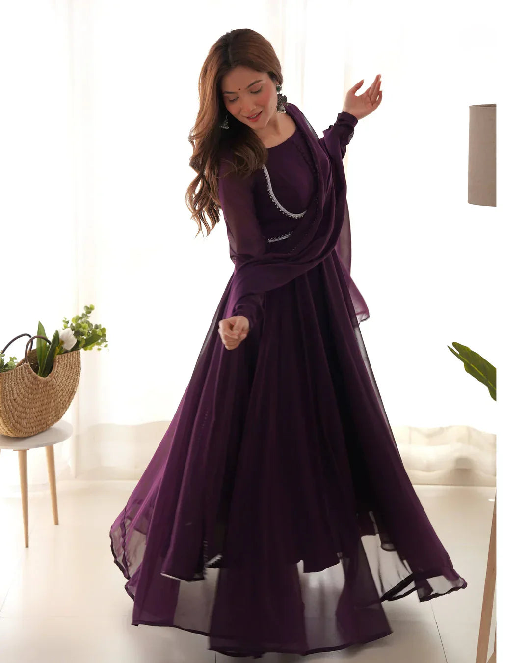 Wine Georgette Anarkali gown with dupatta full set and pants