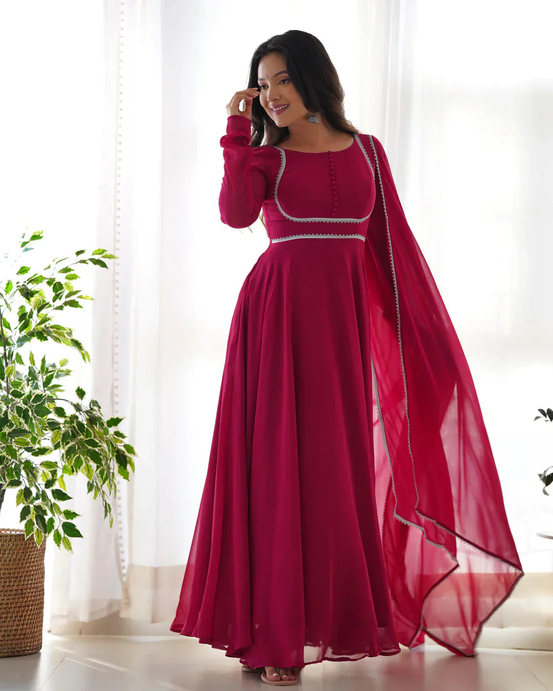Magenta Pink Georgette Anarkali gown with dupatta full set and pants