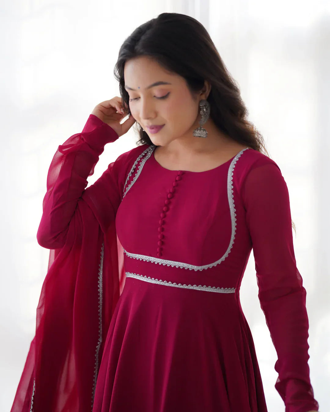 Magenta Pink Georgette Anarkali gown with dupatta full set and pants