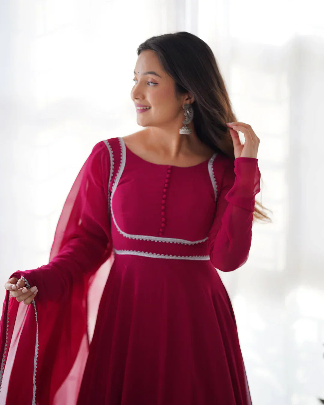 Magenta Pink Georgette Anarkali gown with dupatta full set and pants