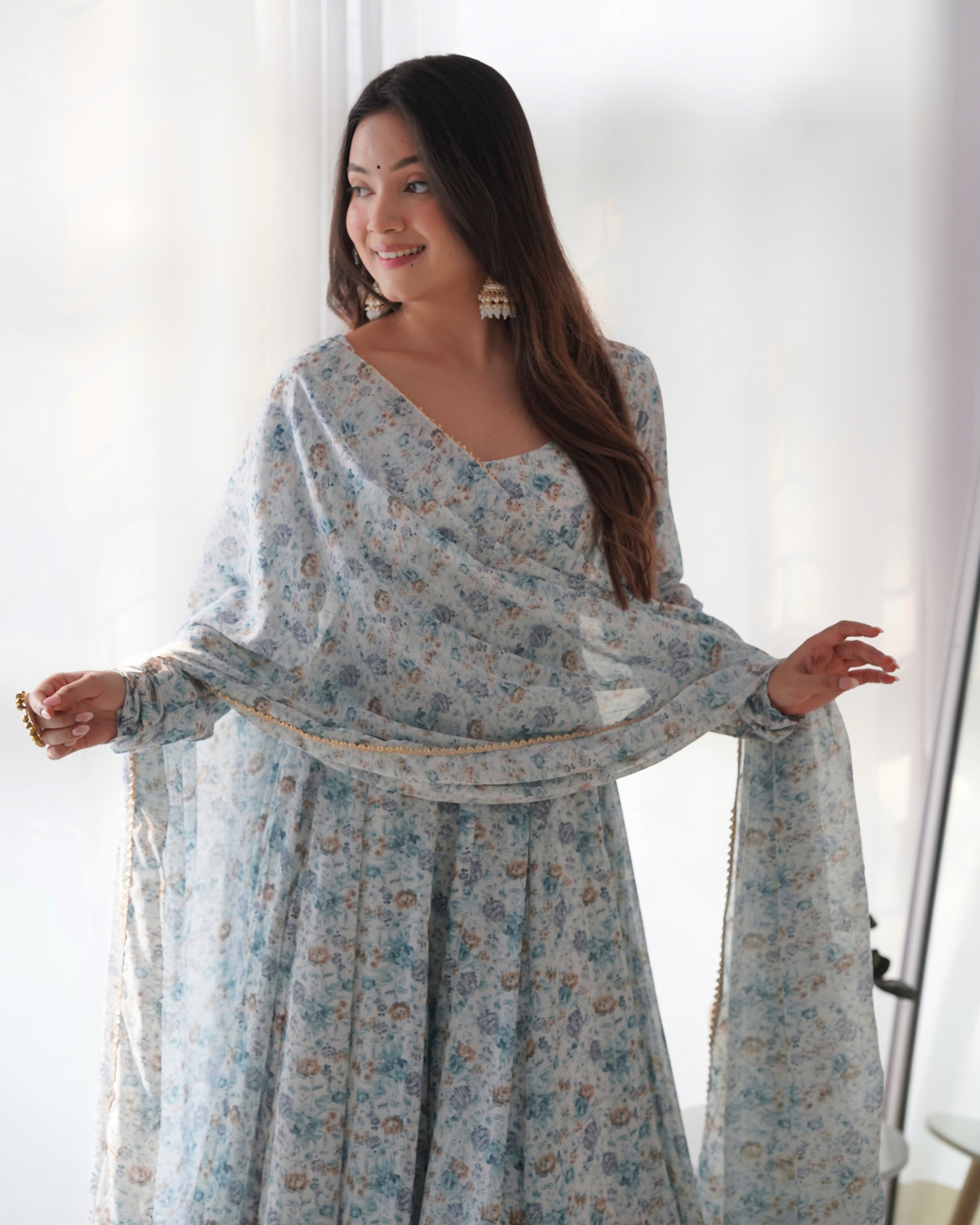 Sky Blue Women Floral Print Anarkali Kurta & Pants with Dupatta