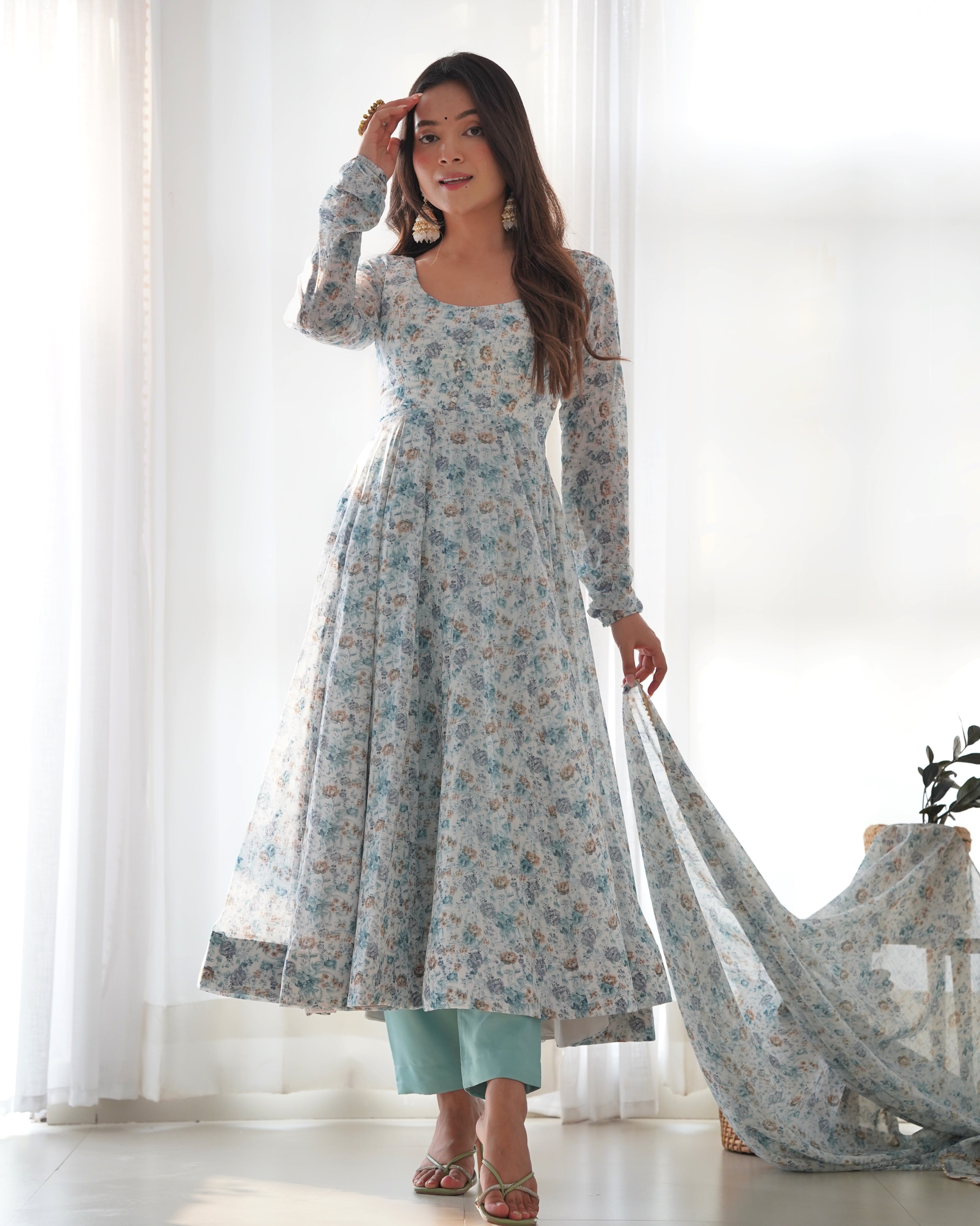 Sky Blue Women Floral Print Anarkali Kurta & Pants with Dupatta
