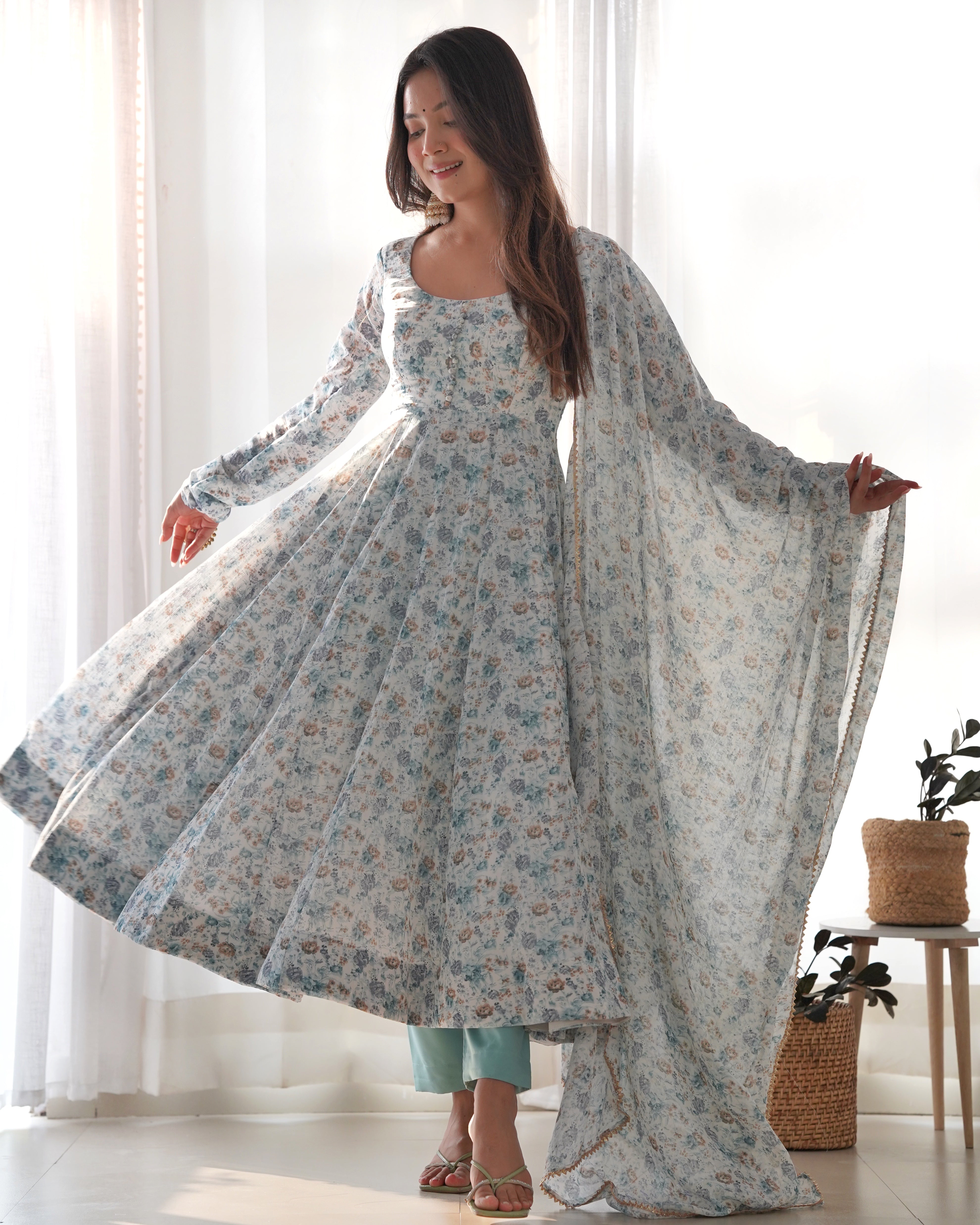 Sky Blue Women Floral Print Anarkali Kurta & Pants with Dupatta