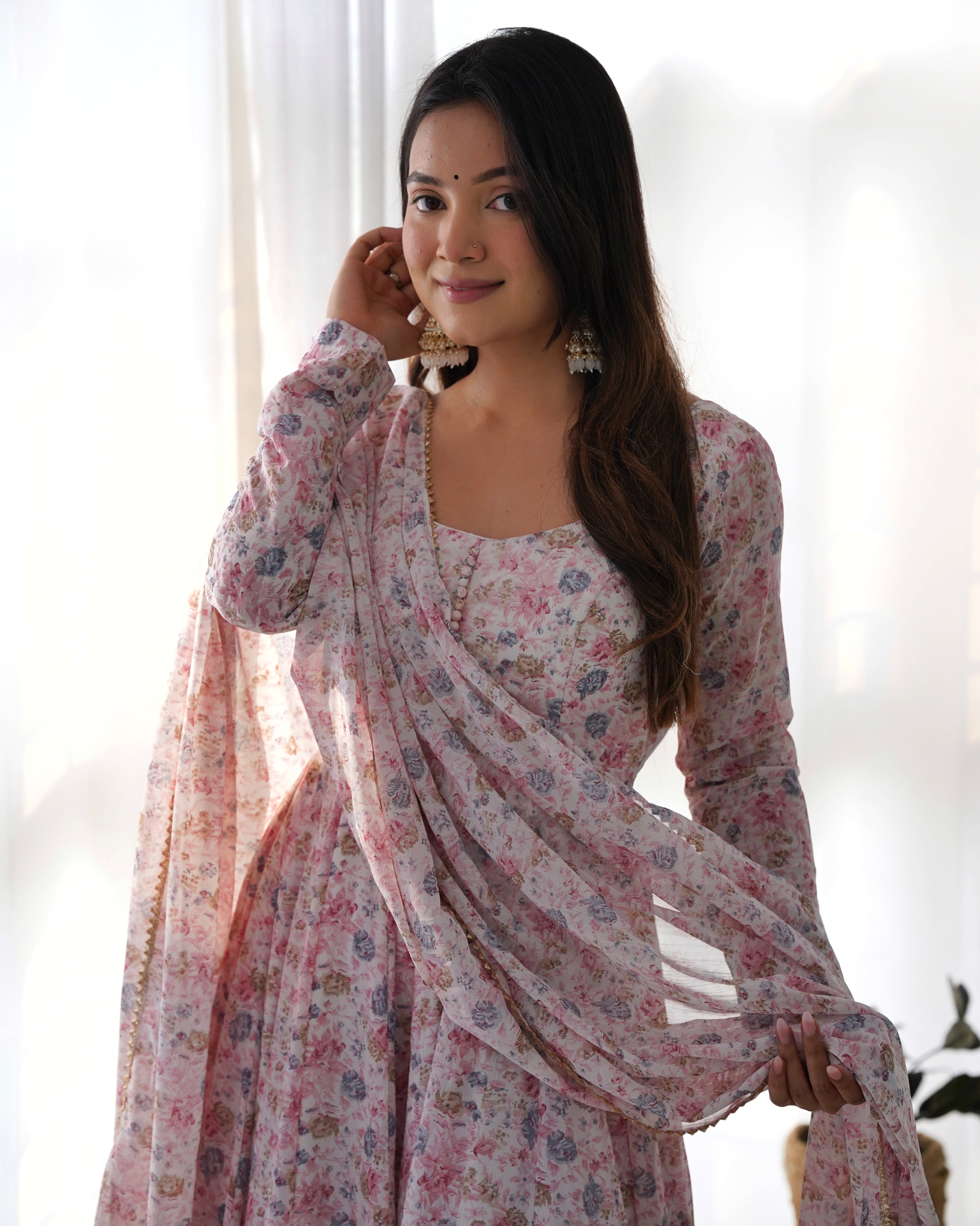 Pink Women Floral Print Anarkali Kurta & Pants with Dupatta