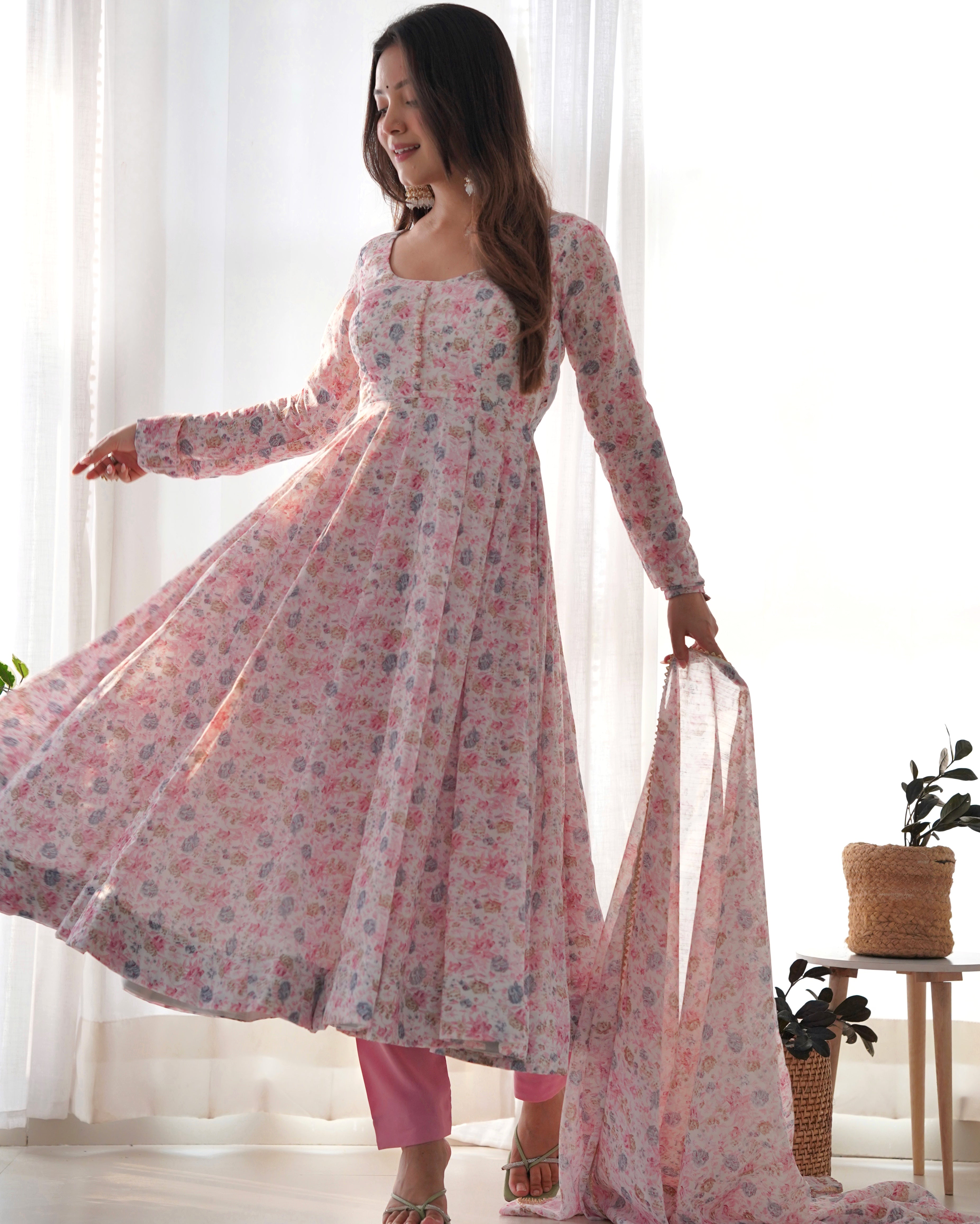 Pink Women Floral Print Anarkali Kurta & Pants with Dupatta