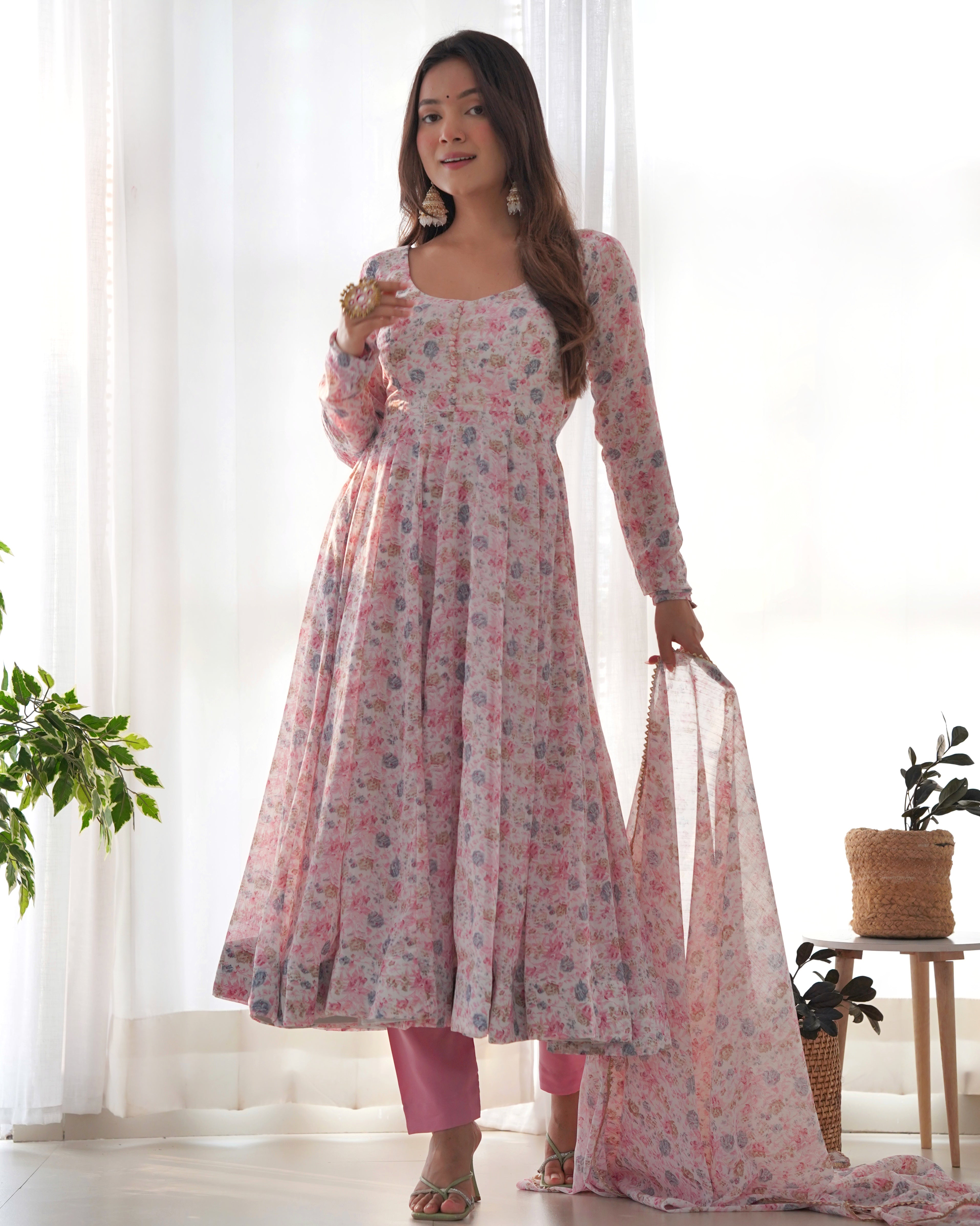 Pink Women Floral Print Anarkali Kurta & Pants with Dupatta