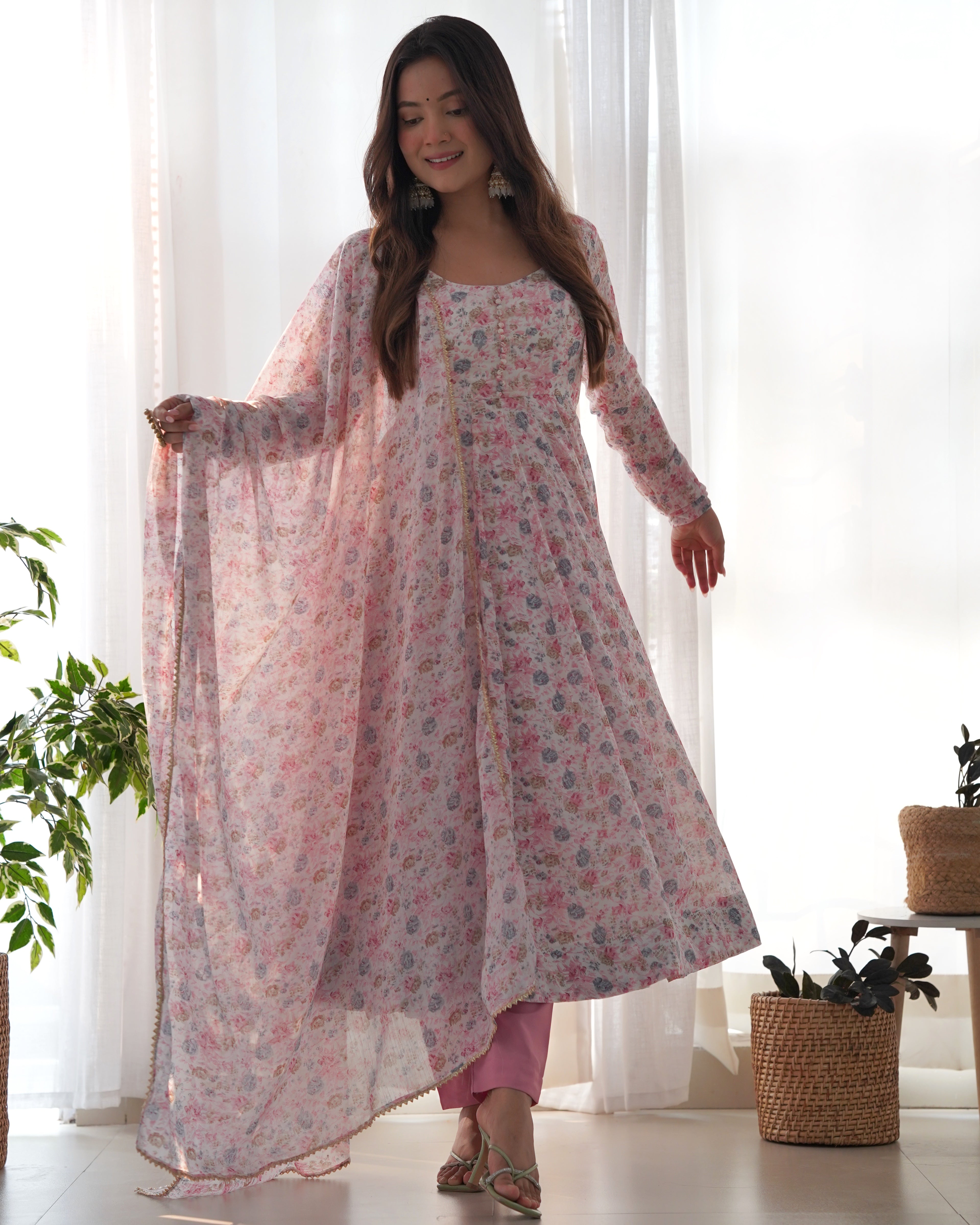 Pink Women Floral Print Anarkali Kurta & Pants with Dupatta