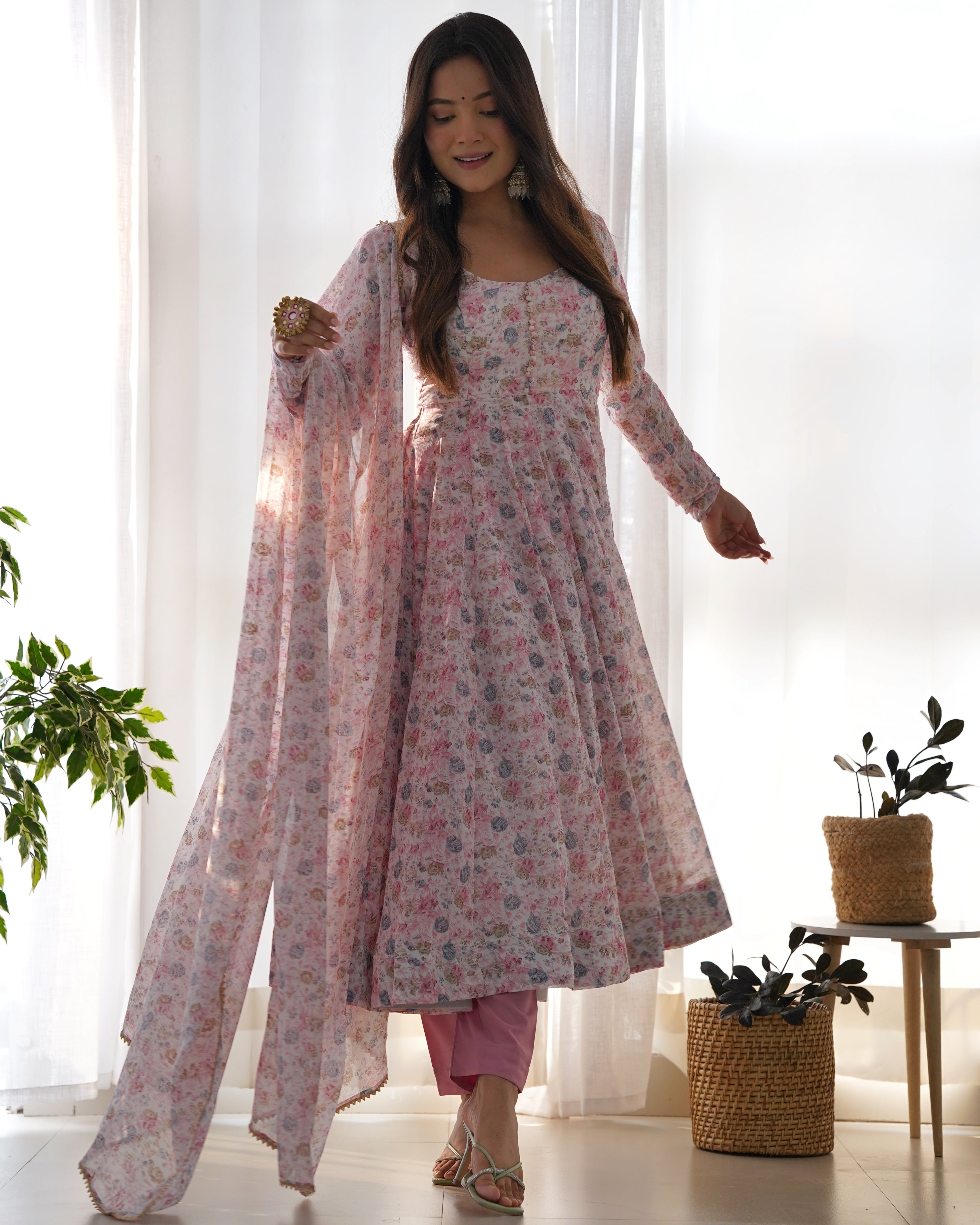 Pink Women Floral Print Anarkali Kurta & Pants with Dupatta