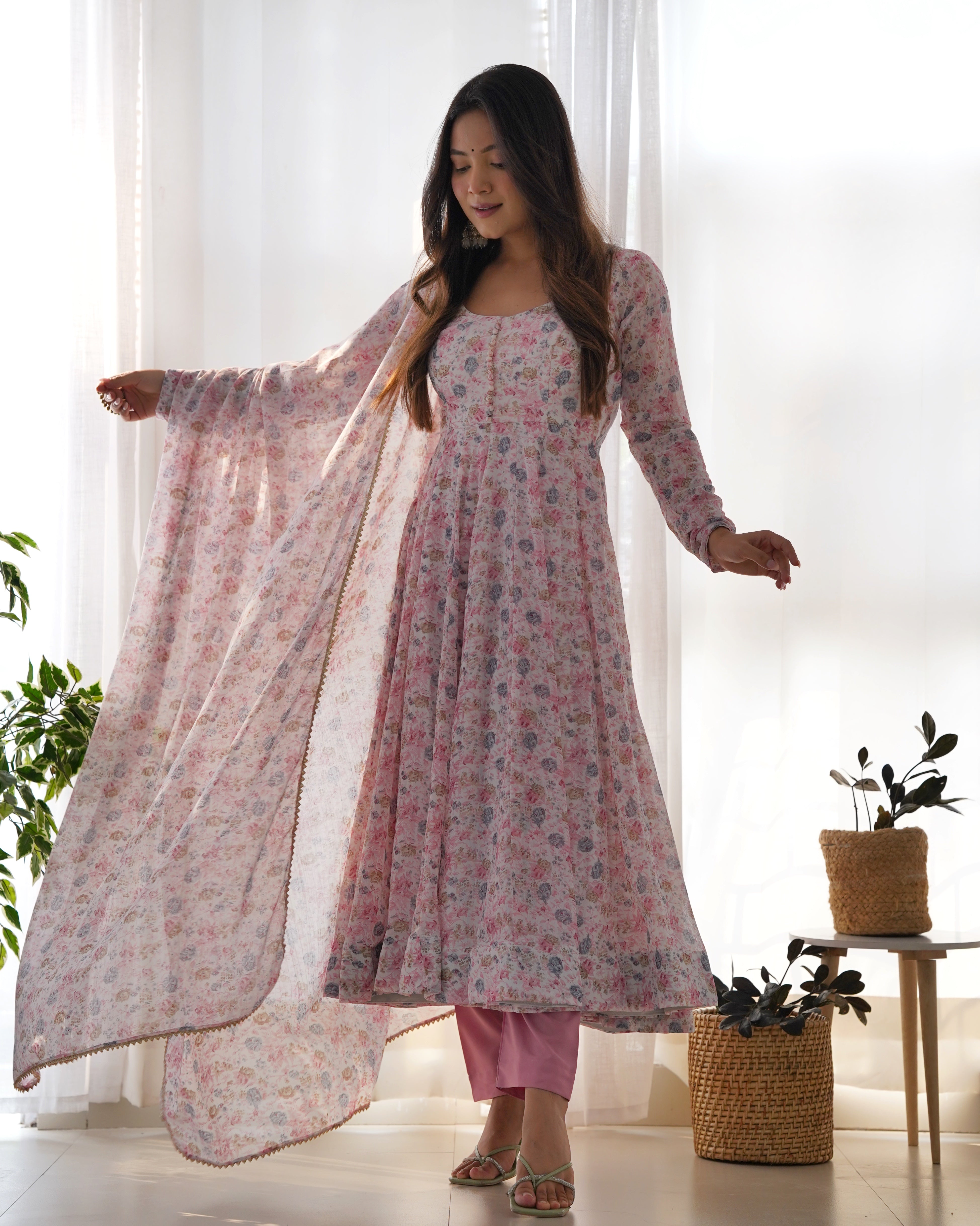 Pink Women Floral Print Anarkali Kurta & Pants with Dupatta