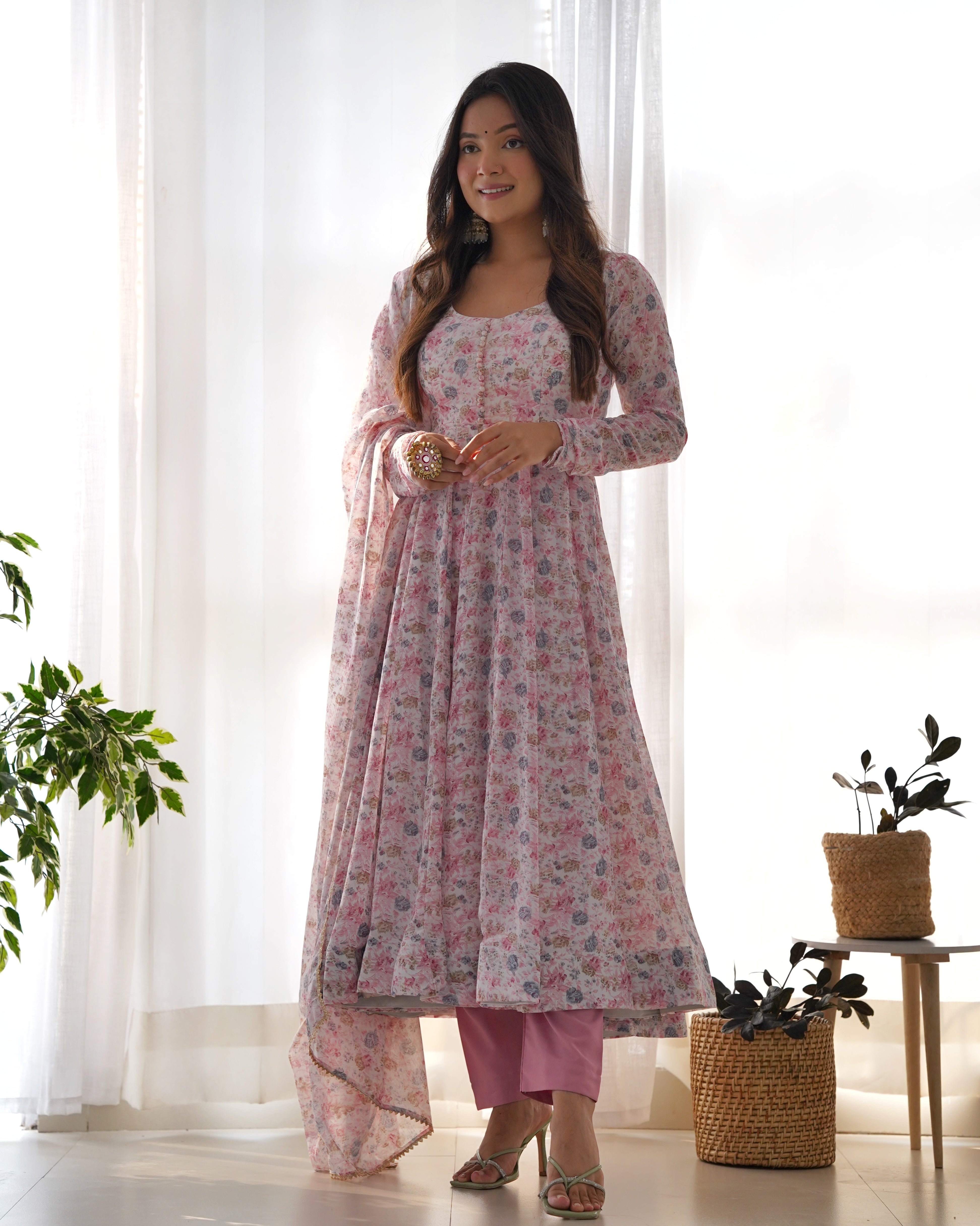 Pink Women Floral Print Anarkali Kurta & Pants with Dupatta
