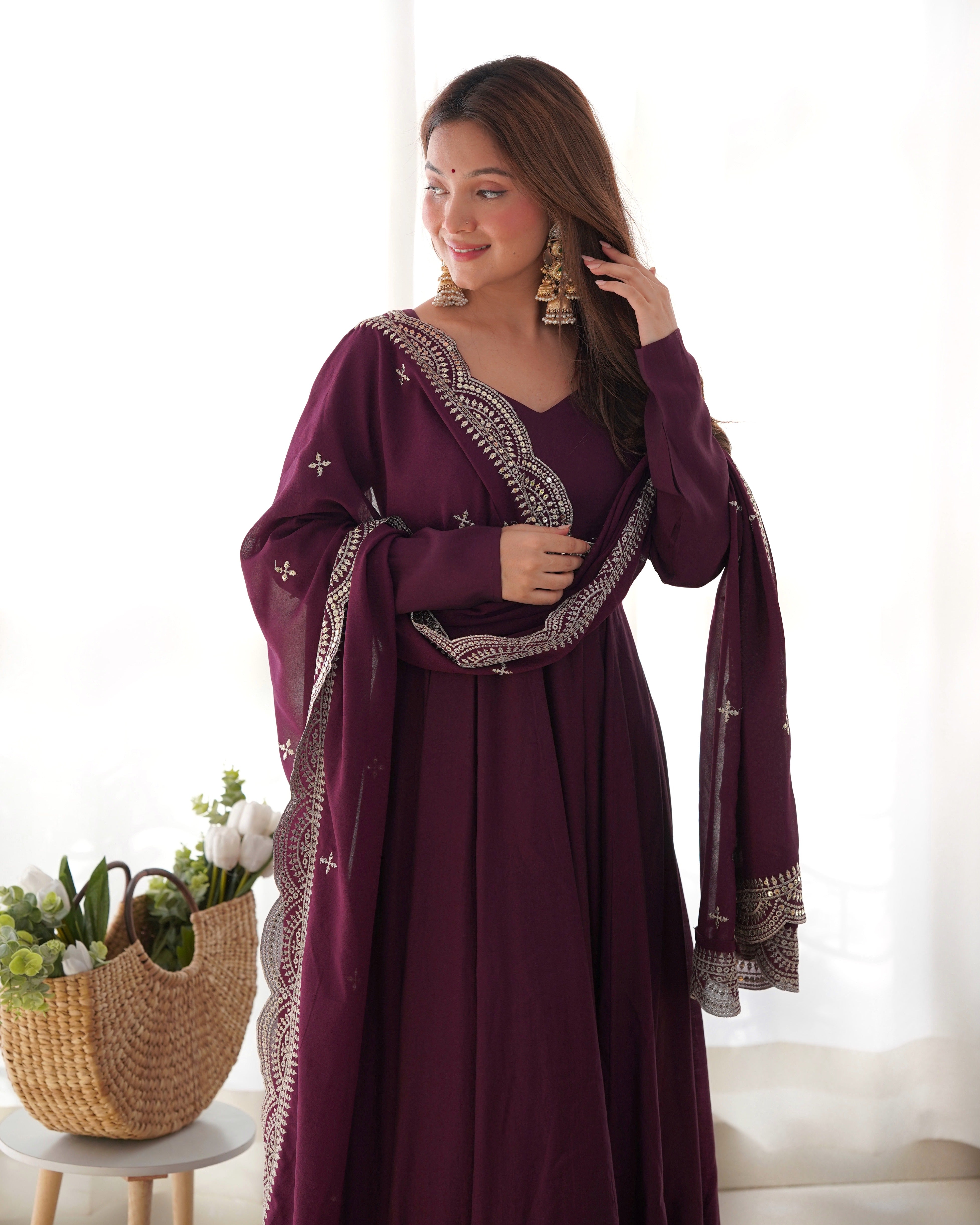 Wine Roman Silk Chanderi Anarkali with Dupatta & Stitched Pants