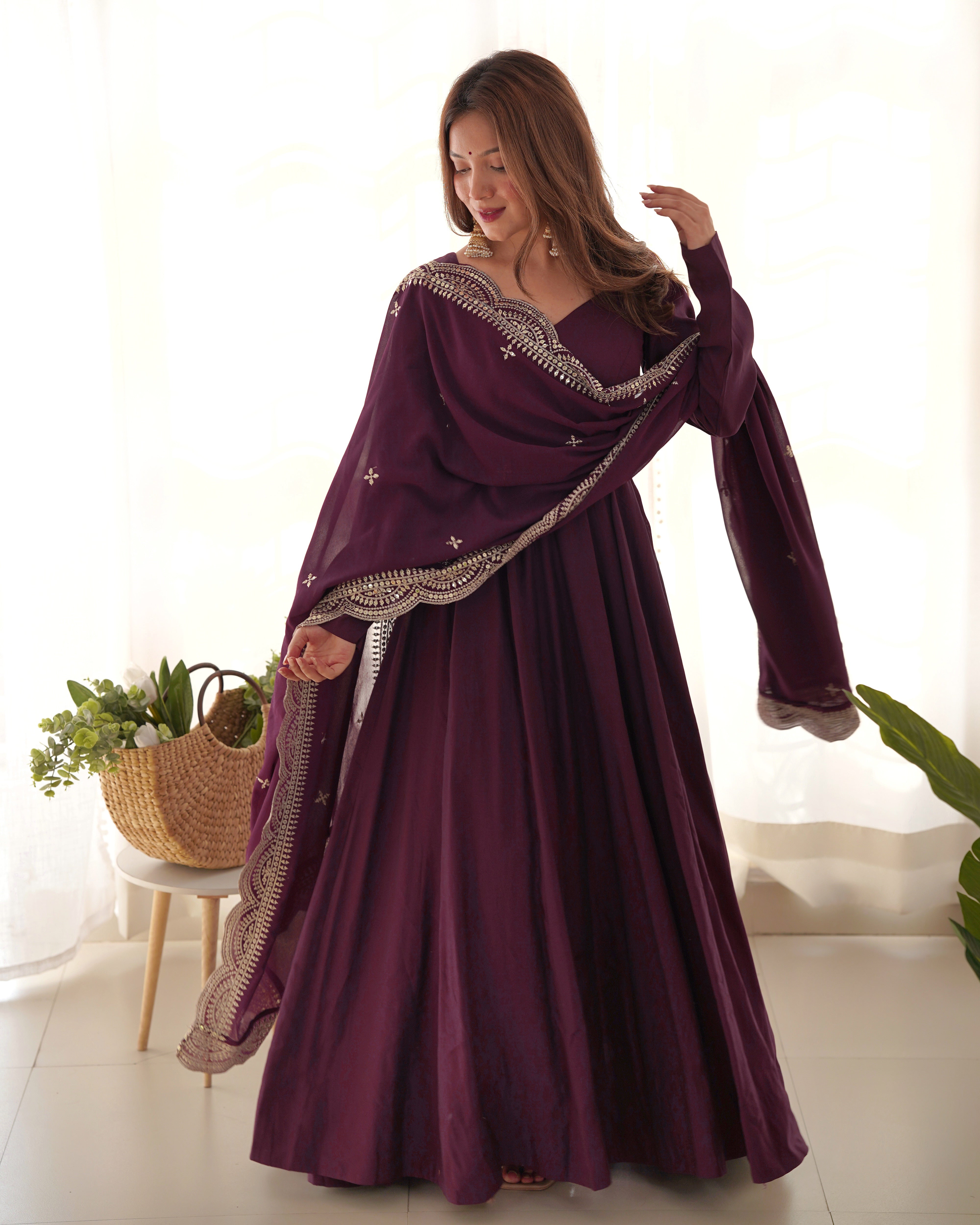 Wine Roman Silk Chanderi Anarkali with Dupatta & Stitched Pants