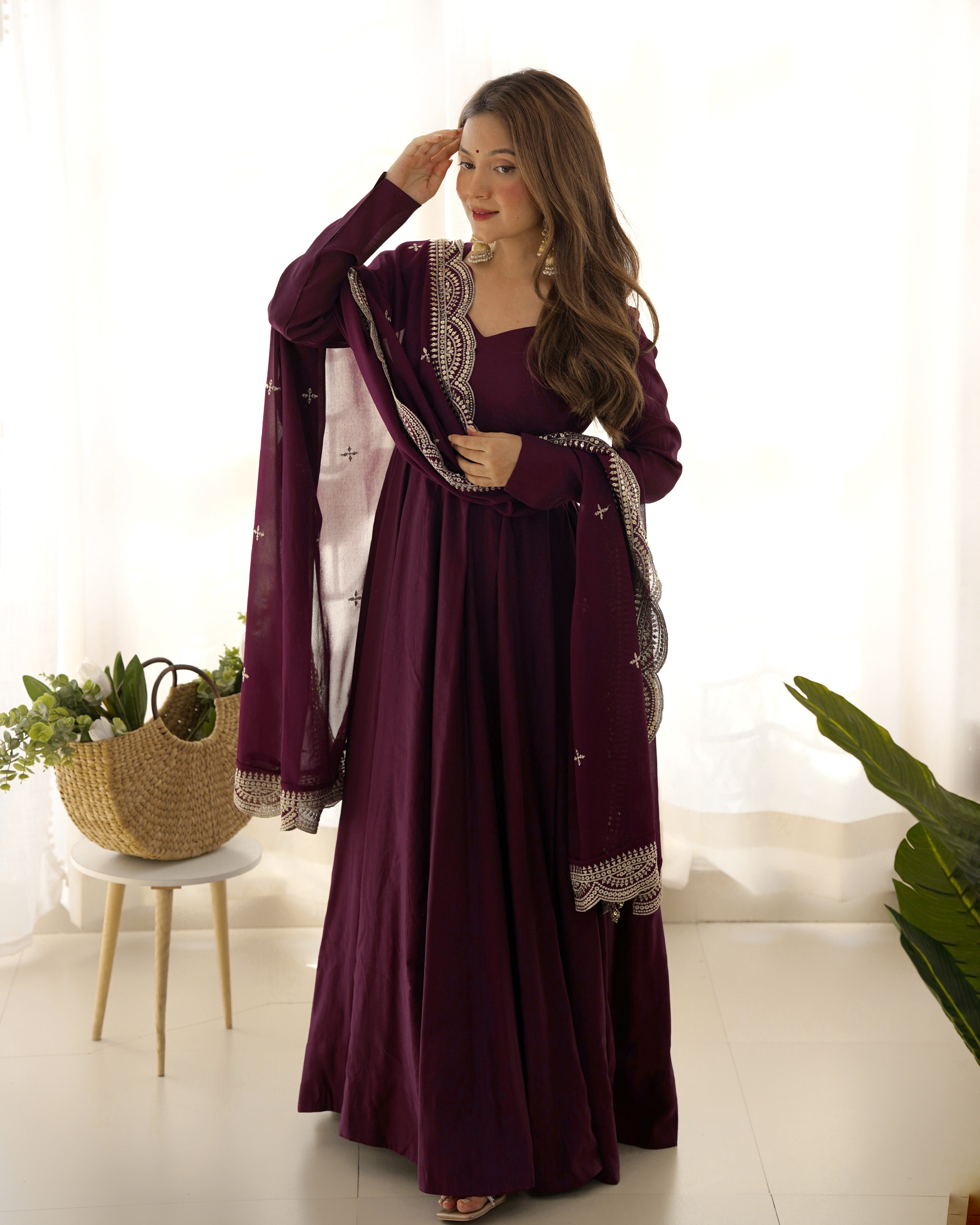 Wine Roman Silk Chanderi Anarkali with Dupatta & Stitched Pants