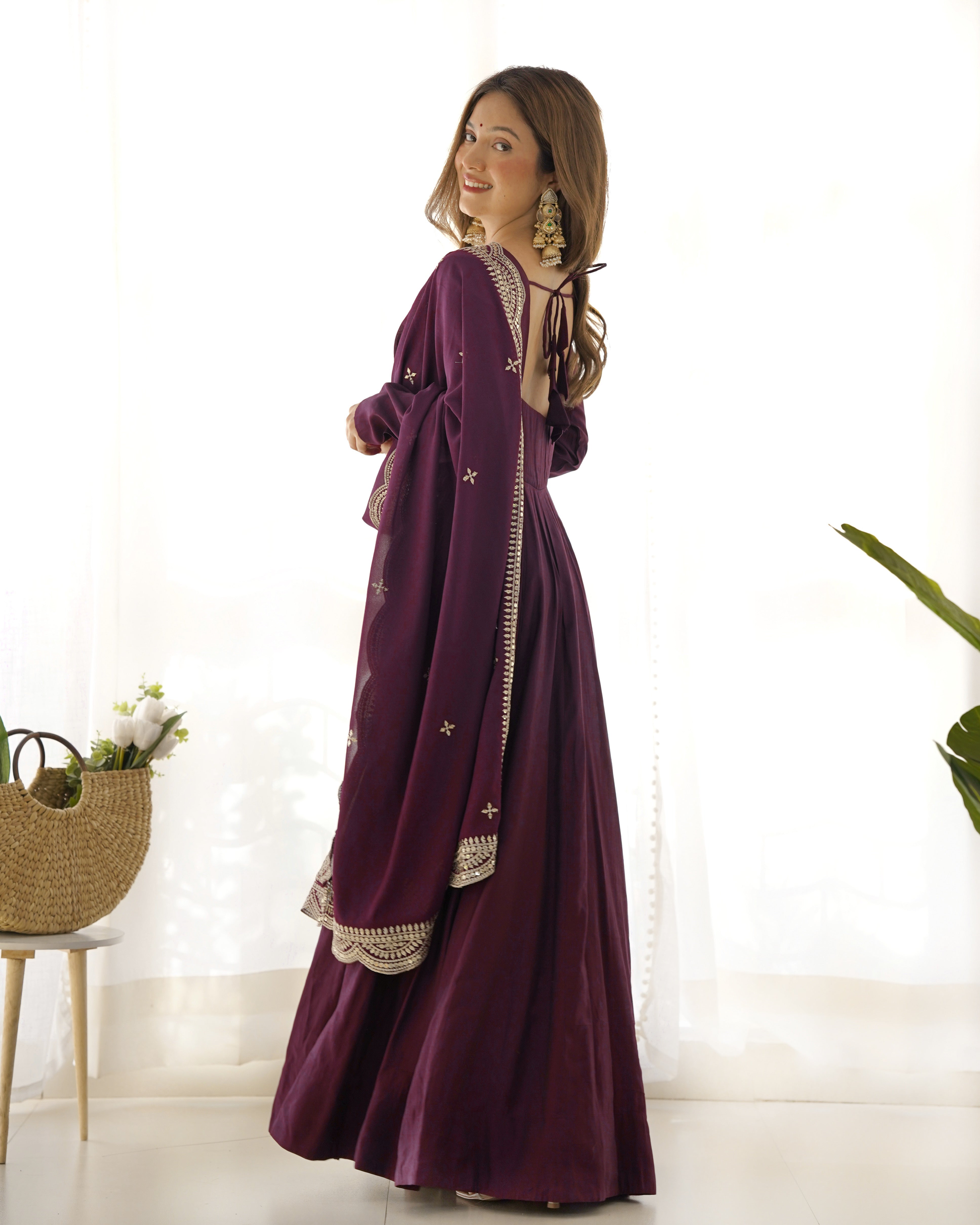Wine Roman Silk Chanderi Anarkali with Dupatta & Stitched Pants