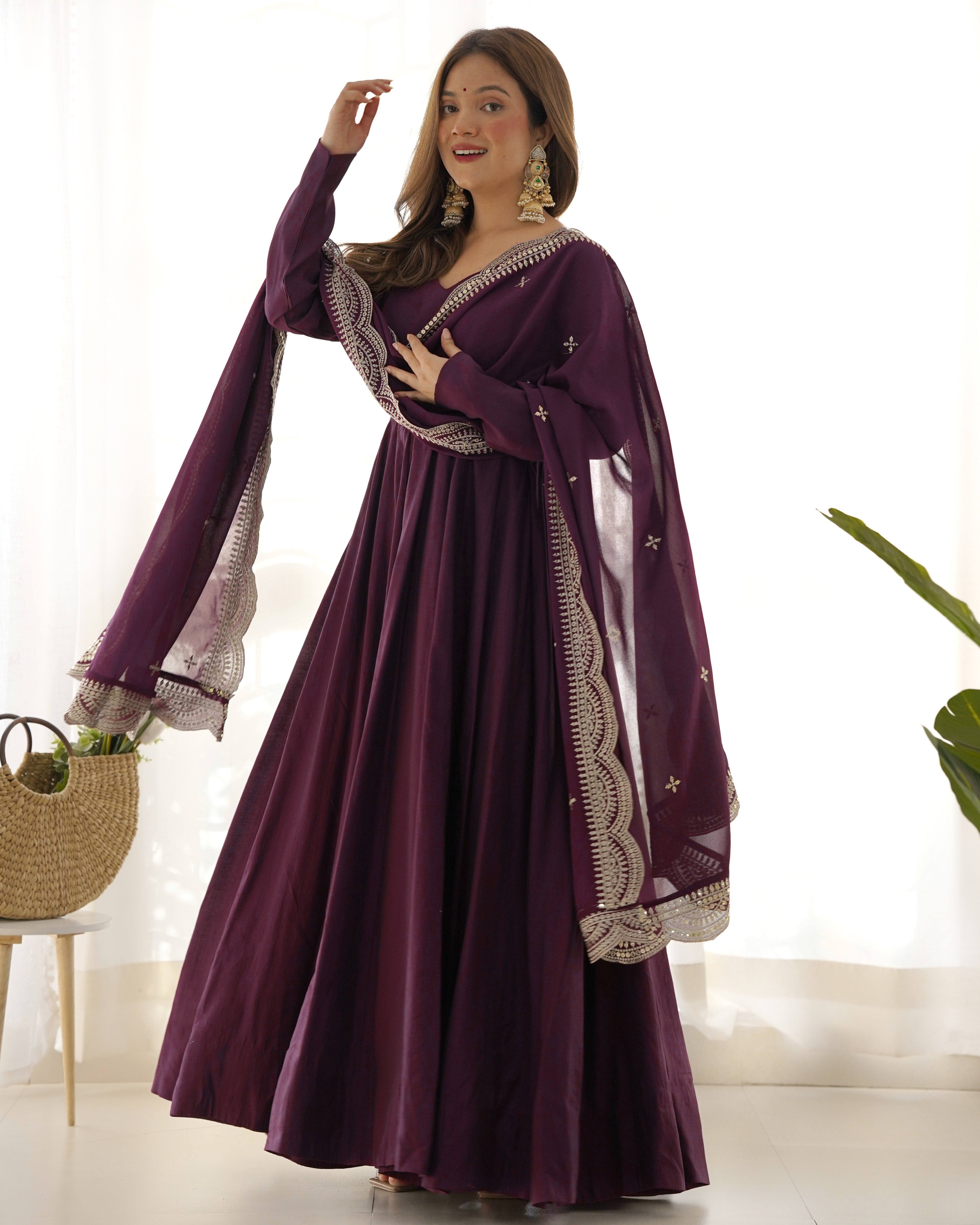 Wine Roman Silk Chanderi Anarkali with Dupatta & Stitched Pants