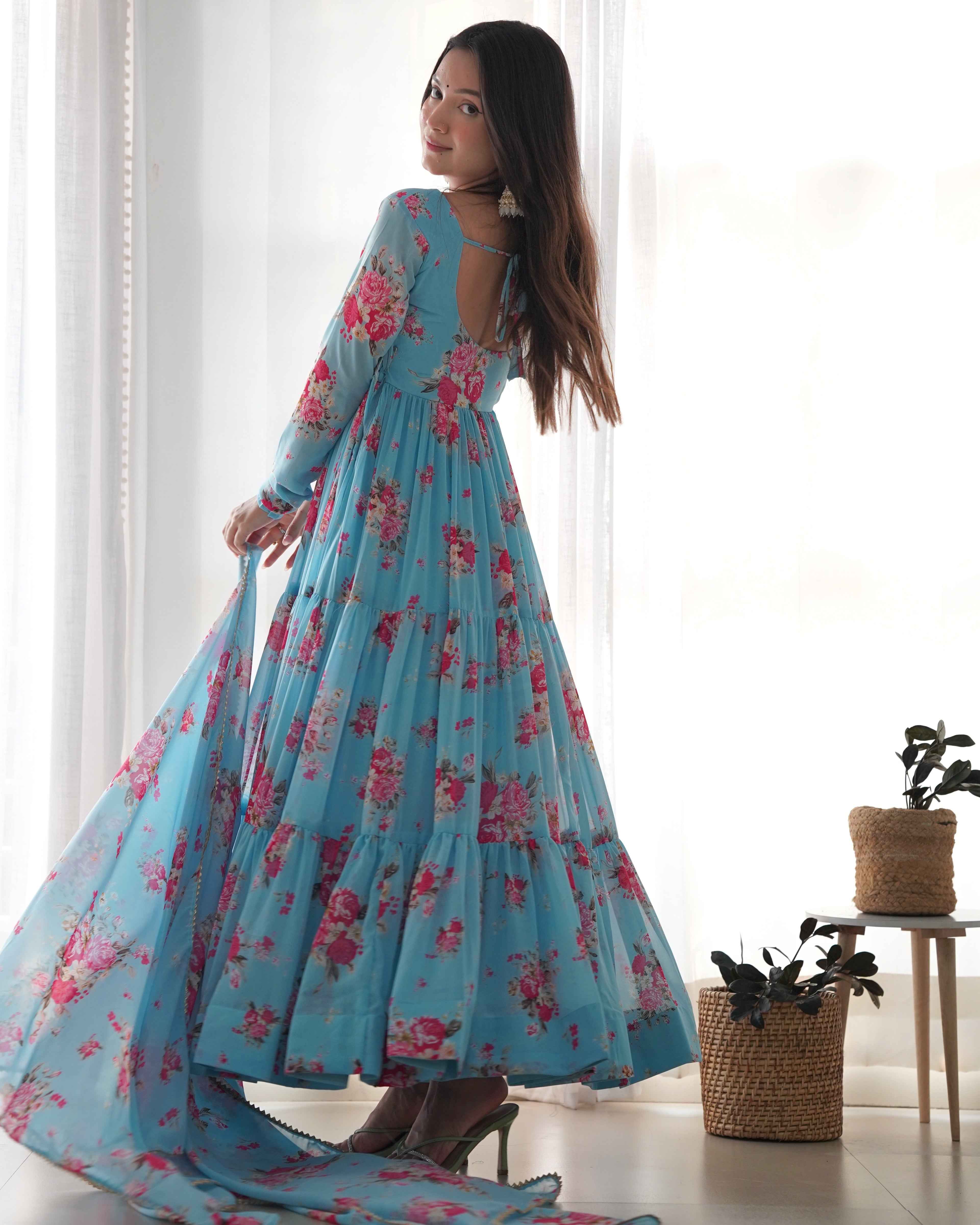 Pure Soft Fox Georgette Floral Print Fabric Fully Flair Anarkali