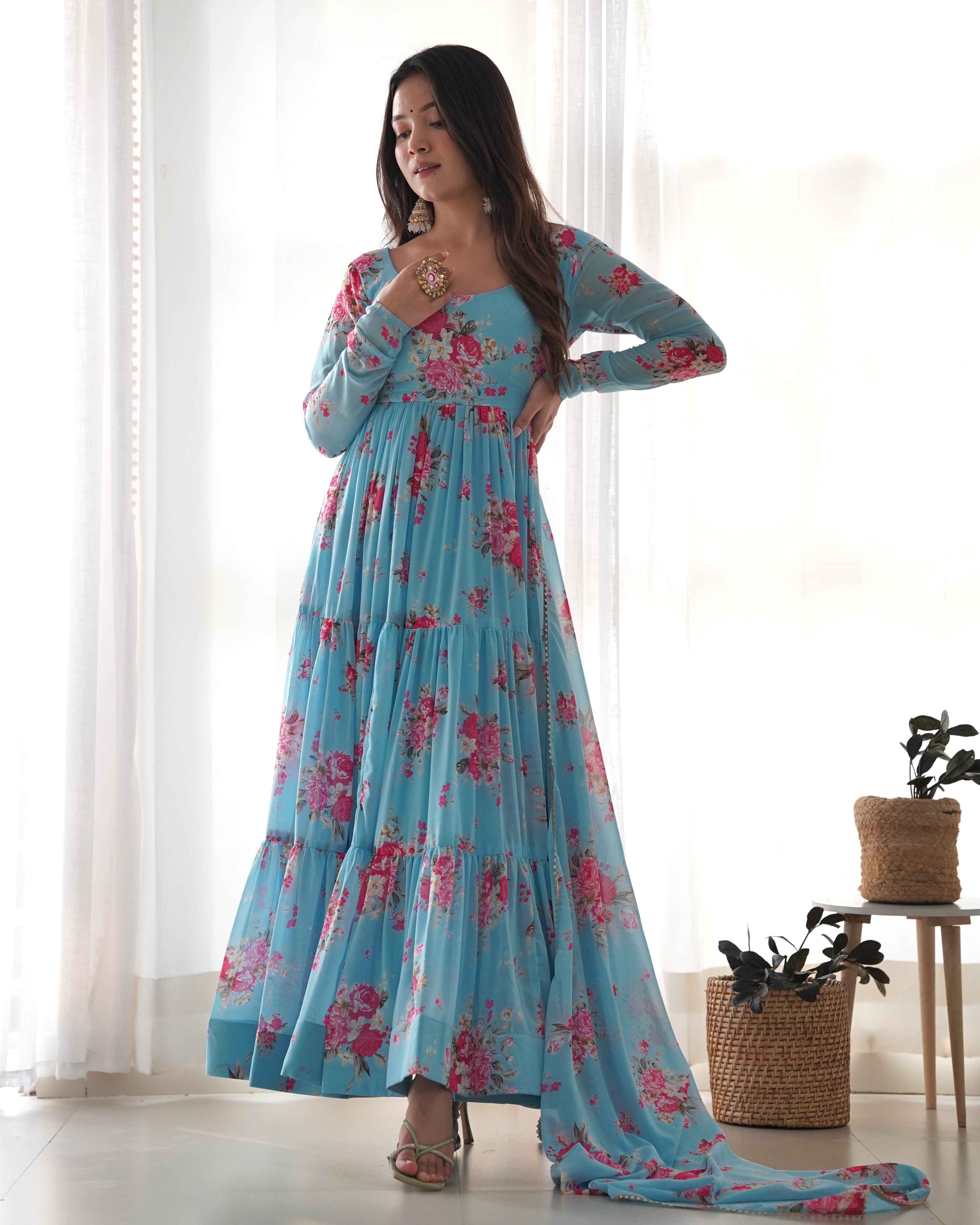 Pure Soft Fox Georgette Floral Print Fabric Fully Flair Anarkali