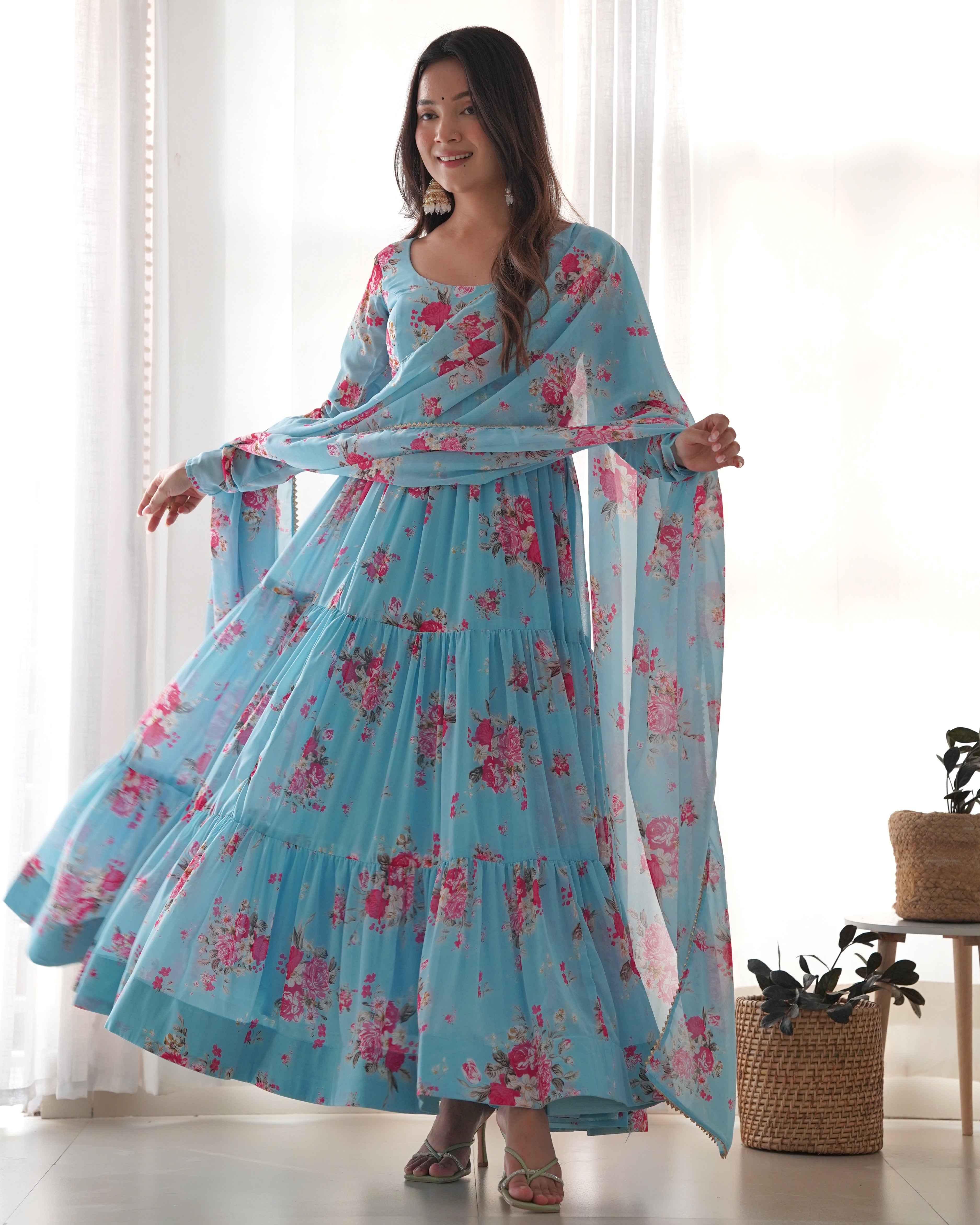 Pure Soft Fox Georgette Floral Print Fabric Fully Flair Anarkali