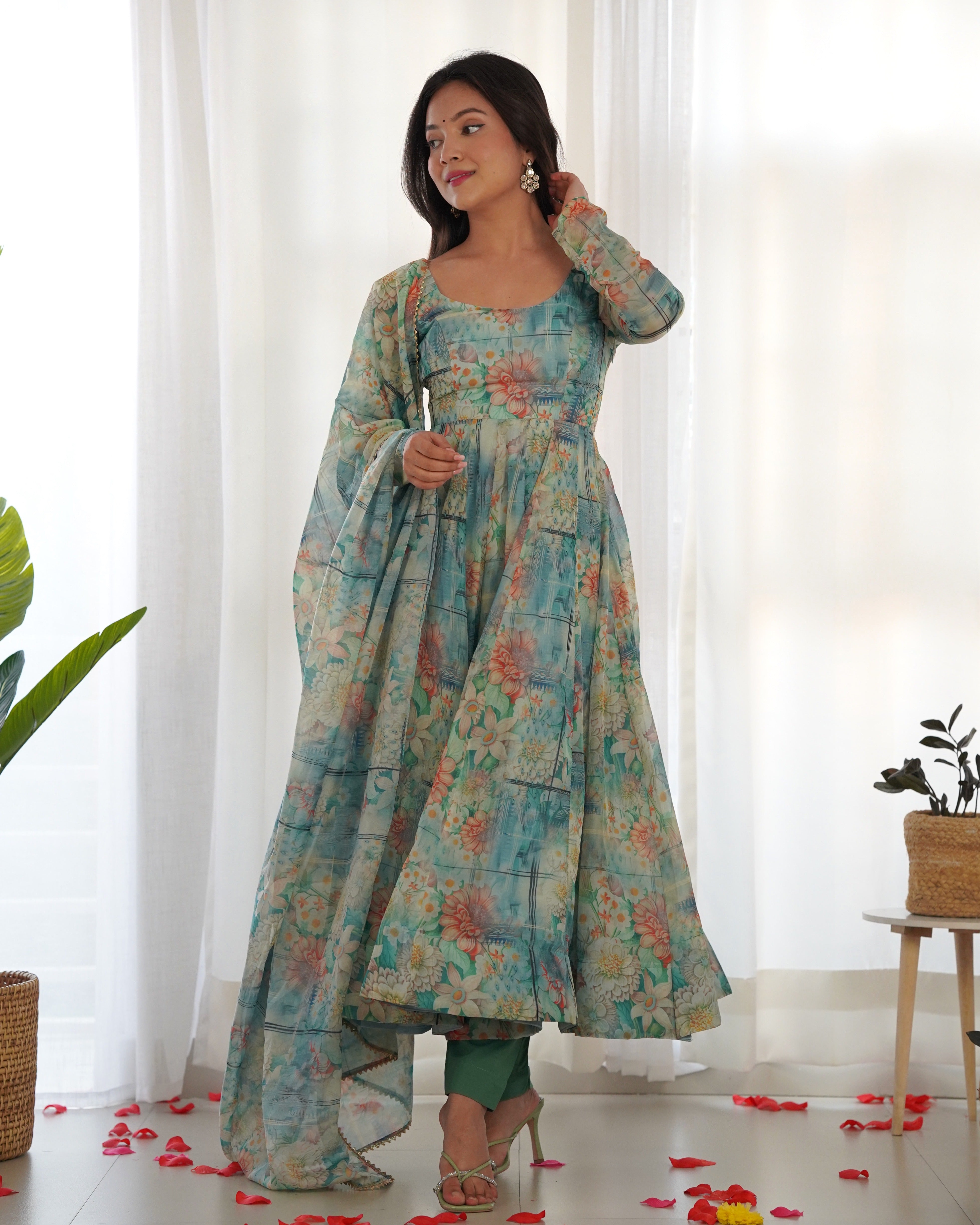 Green Women Printed Anarkali Kurta Suit Set