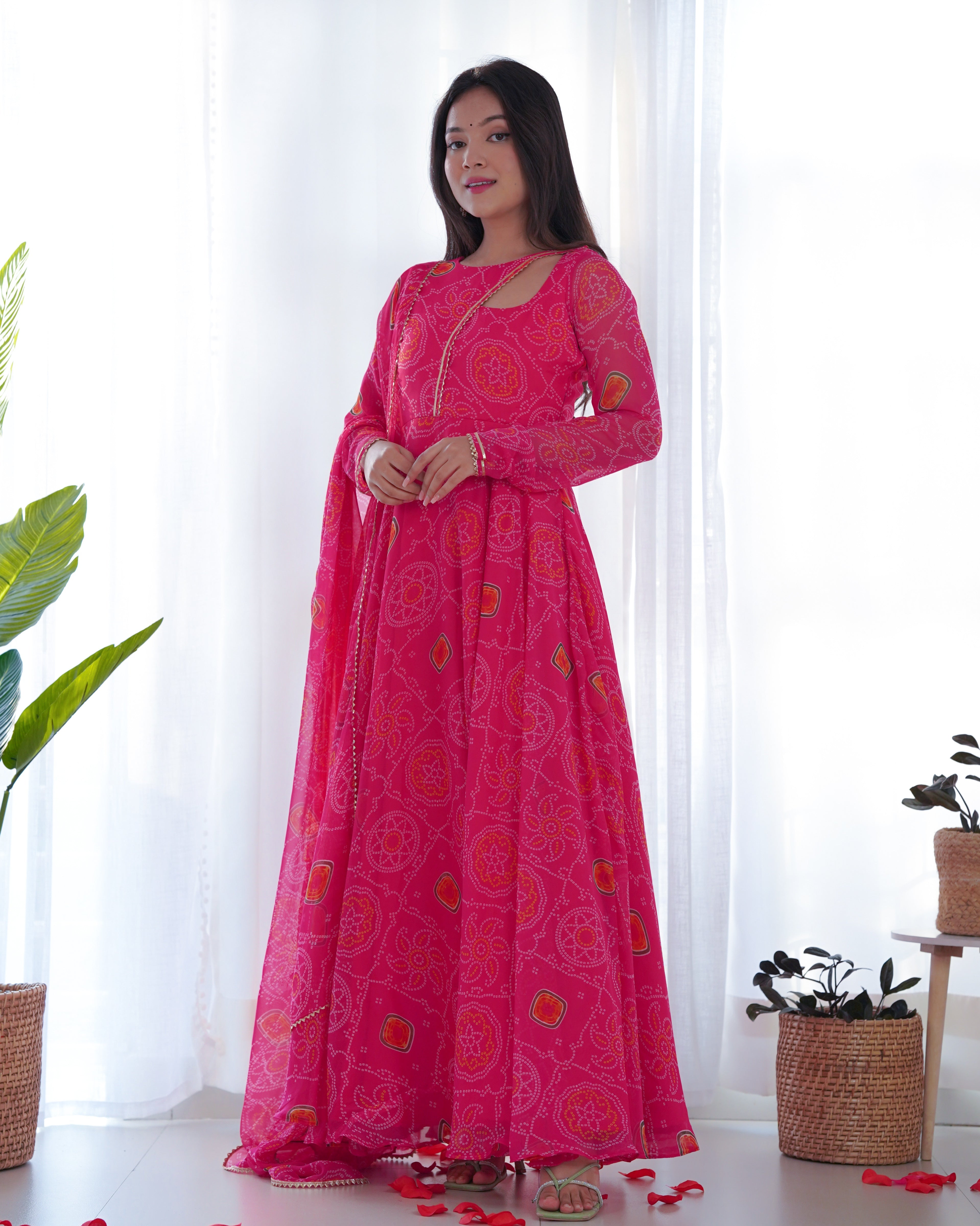 Pink Color Bandhej Print Soft Chiffon Stylish Neck