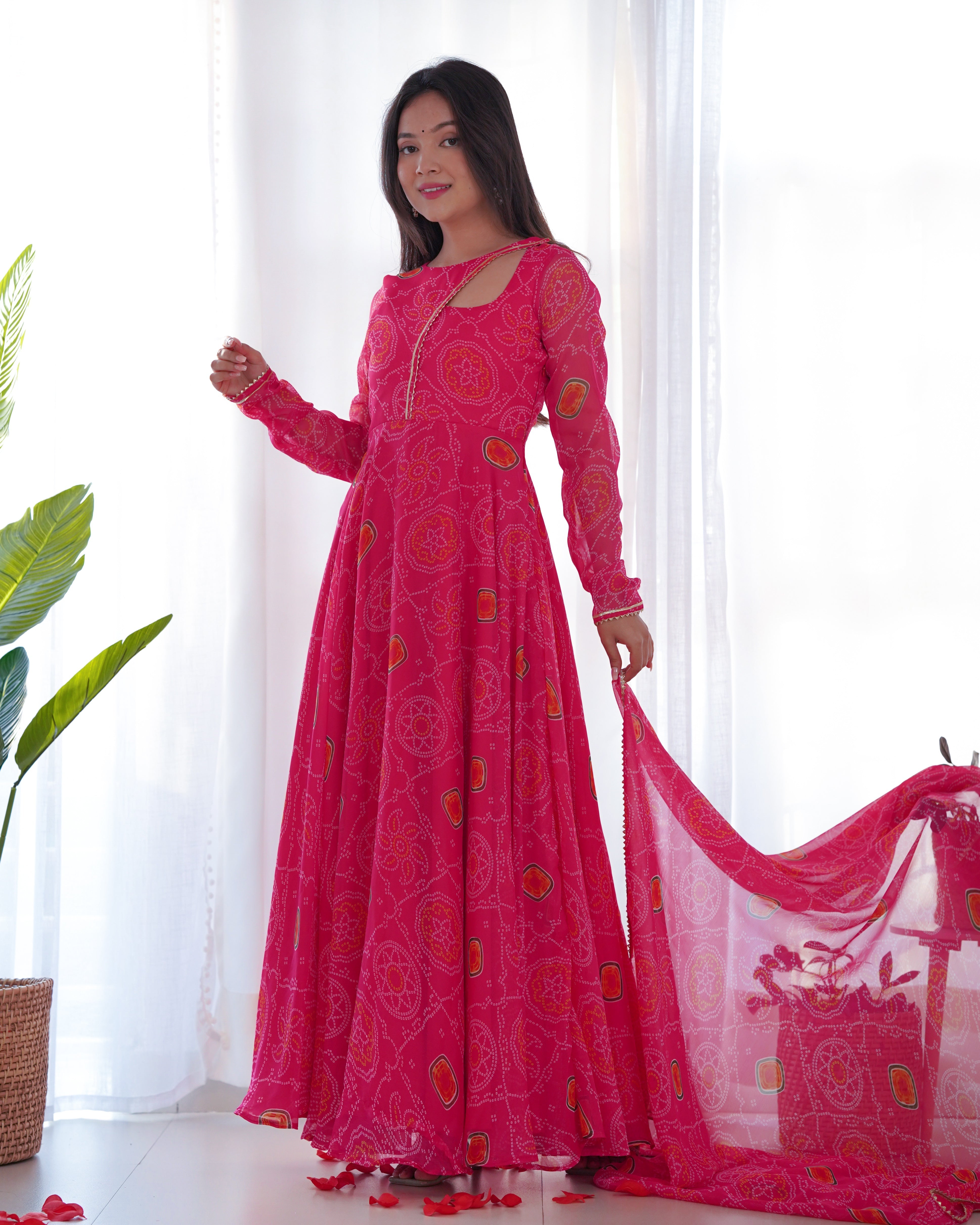Pink Color Bandhej Print Soft Chiffon Stylish Neck