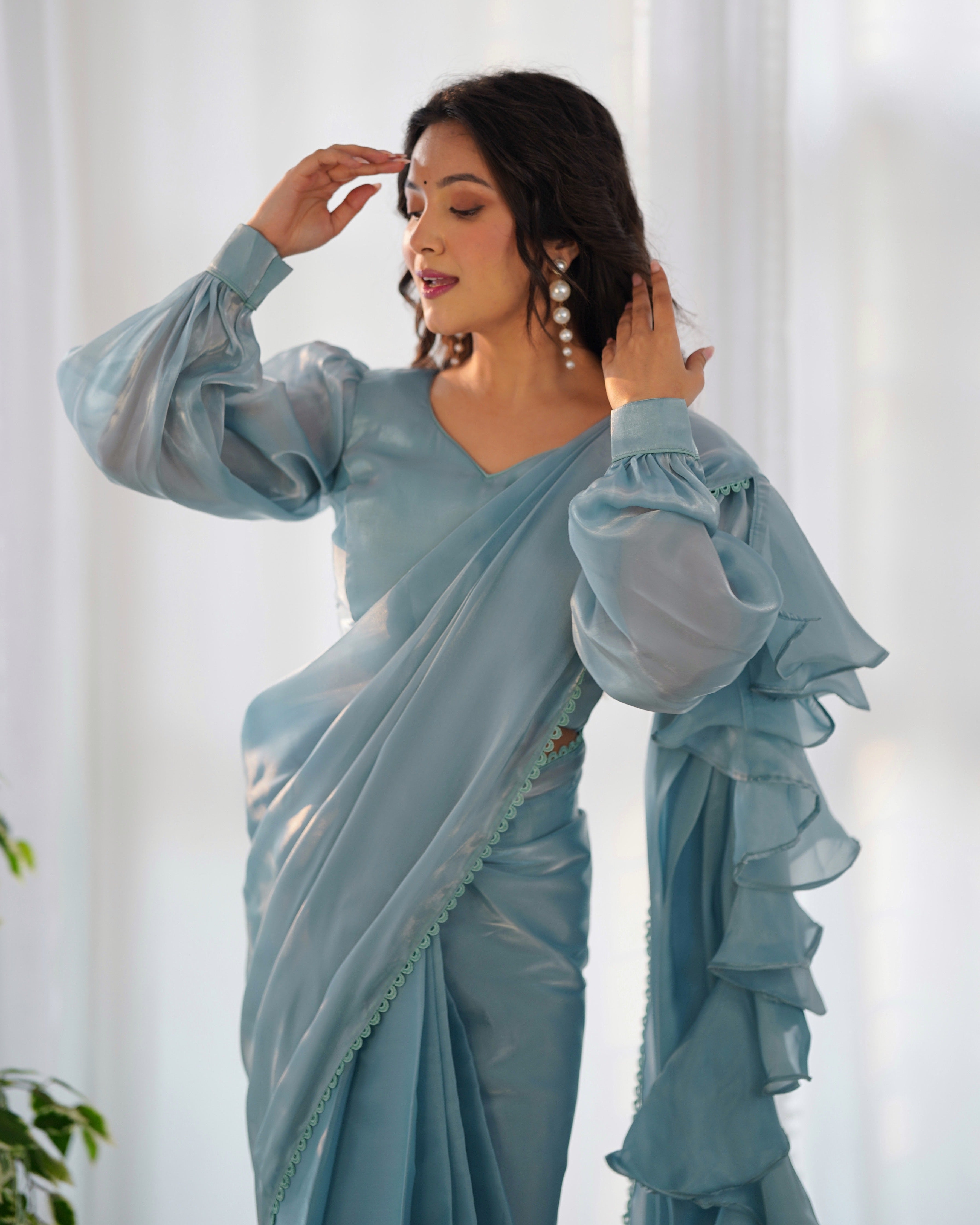 Blue Partywear Wedding Ruffle Saree & Blouse Stitch