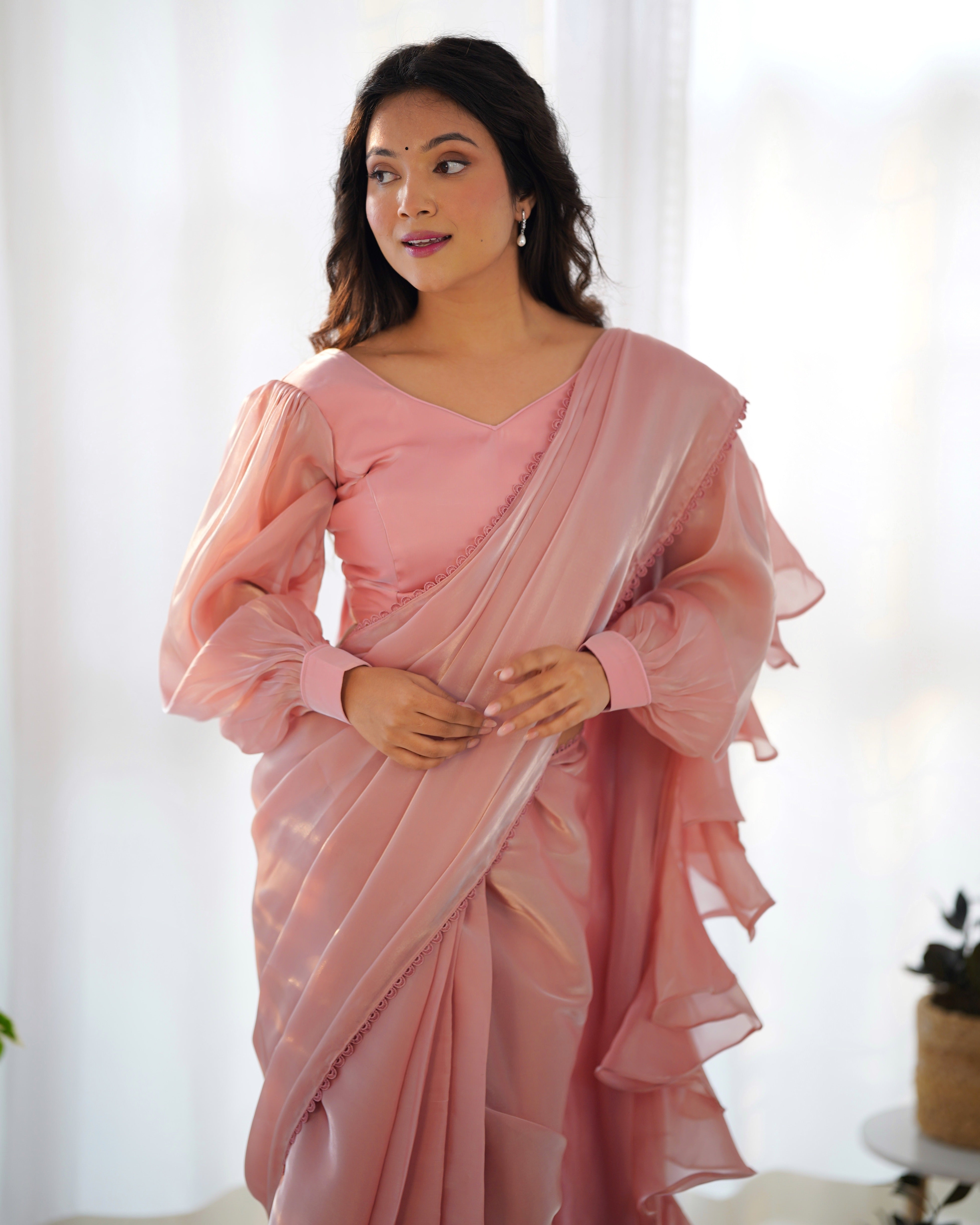 Pink Partywear Wedding Ruffle Saree & Blouse Stitch