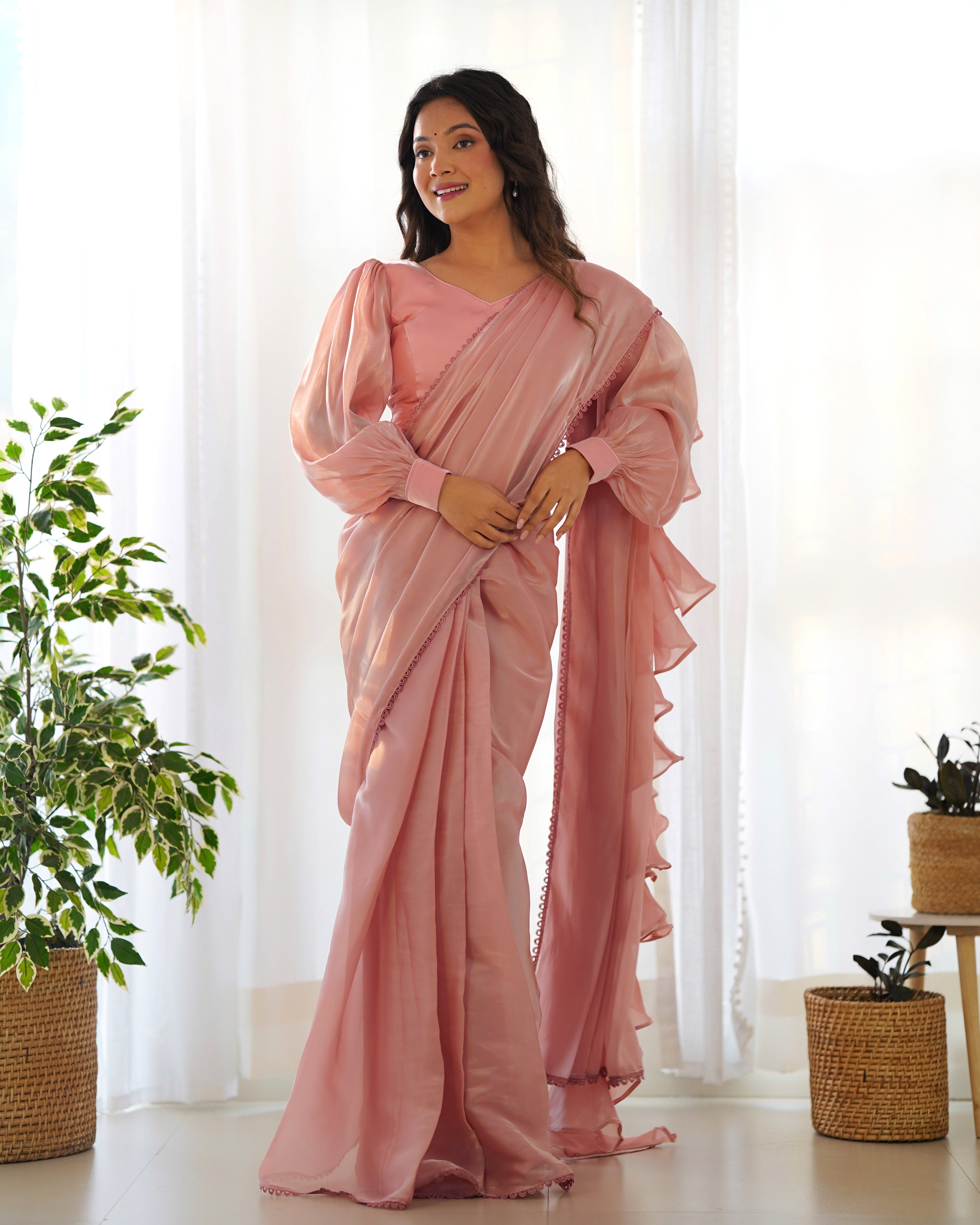 Pink Partywear Wedding Ruffle Saree & Blouse Stitch