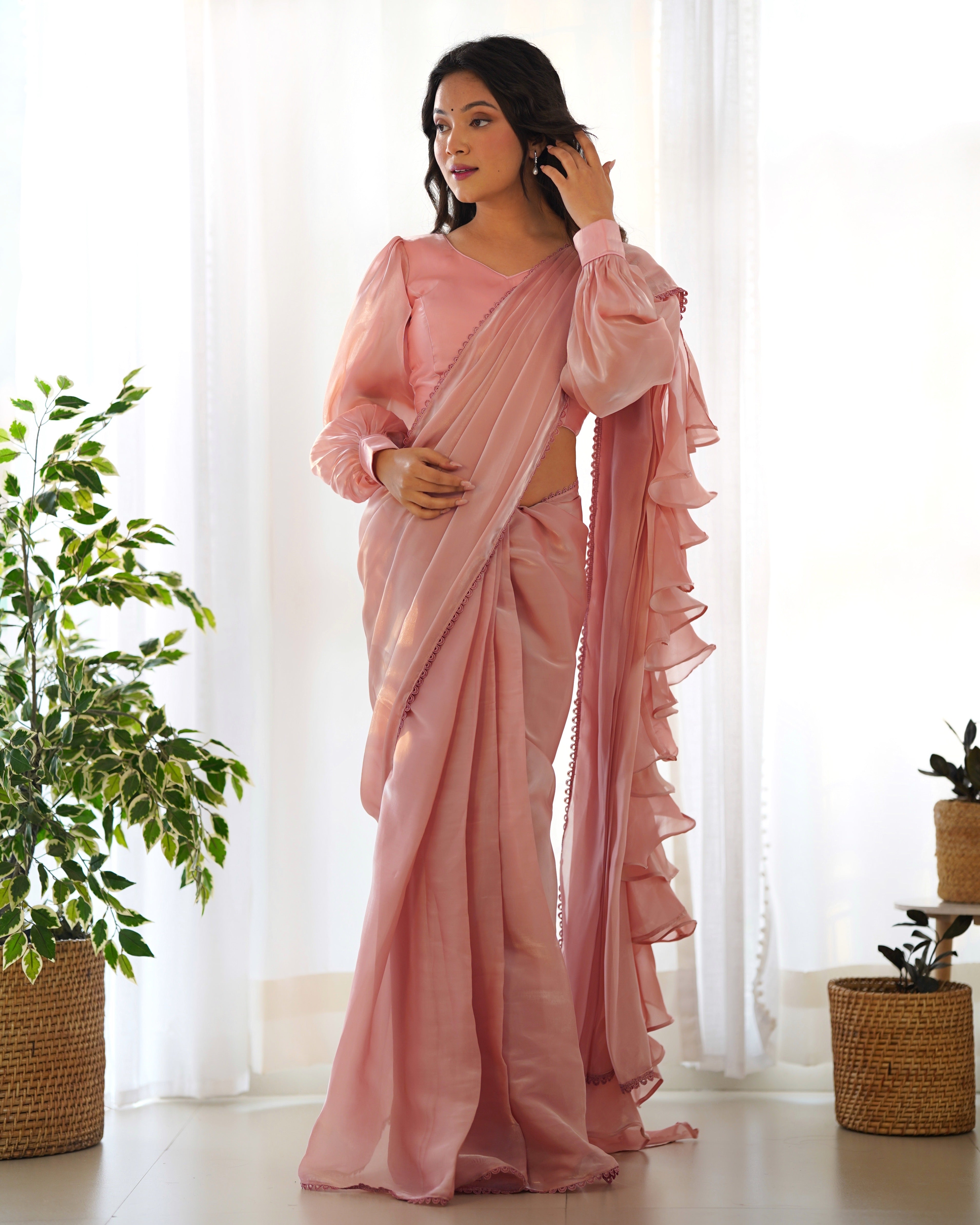 Pink Partywear Wedding Ruffle Saree & Blouse Stitch