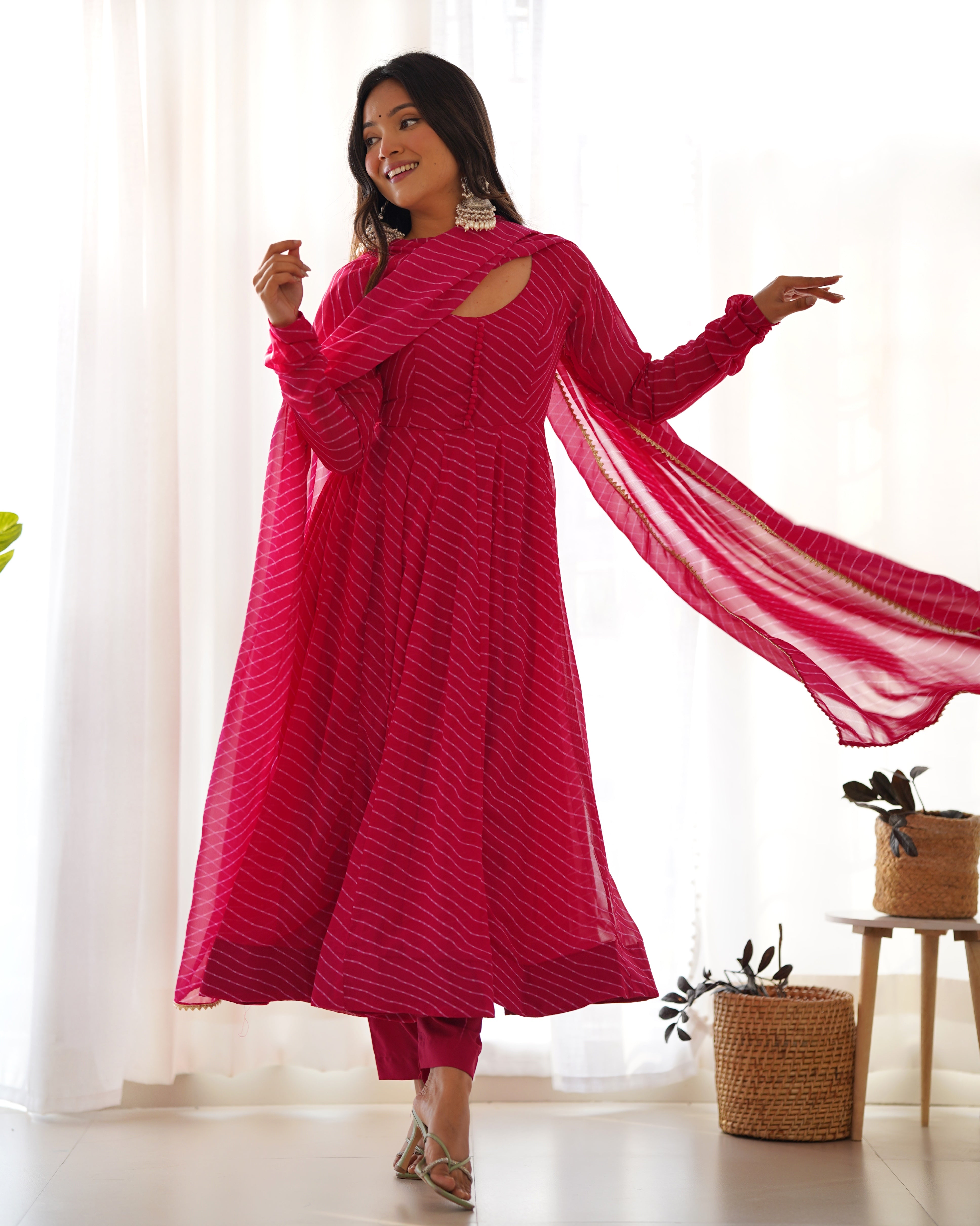 Pink Round Neck Leheriya Printed Regular Anarkali Kurta Set