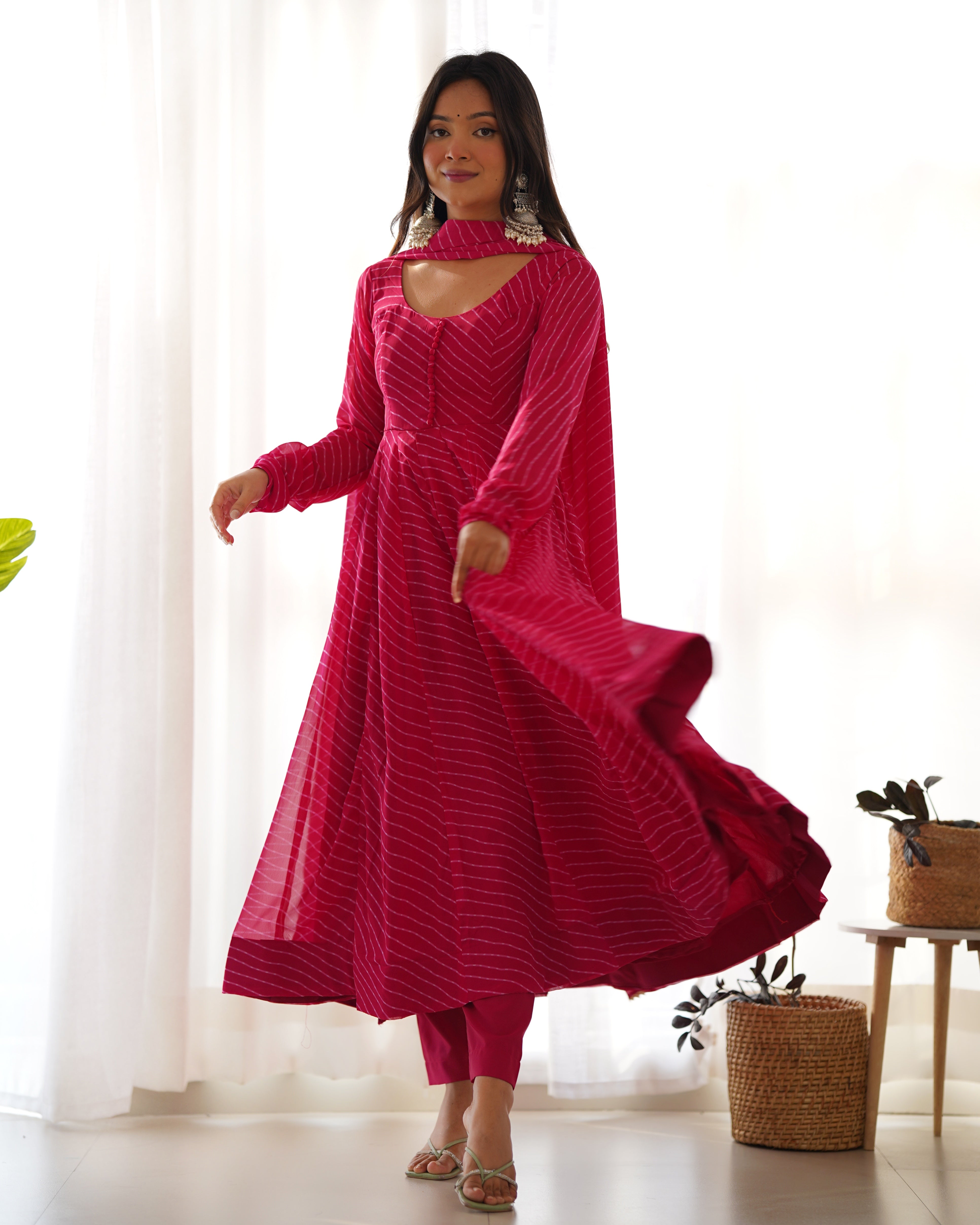 Pink Round Neck Leheriya Printed Regular Anarkali Kurta Set