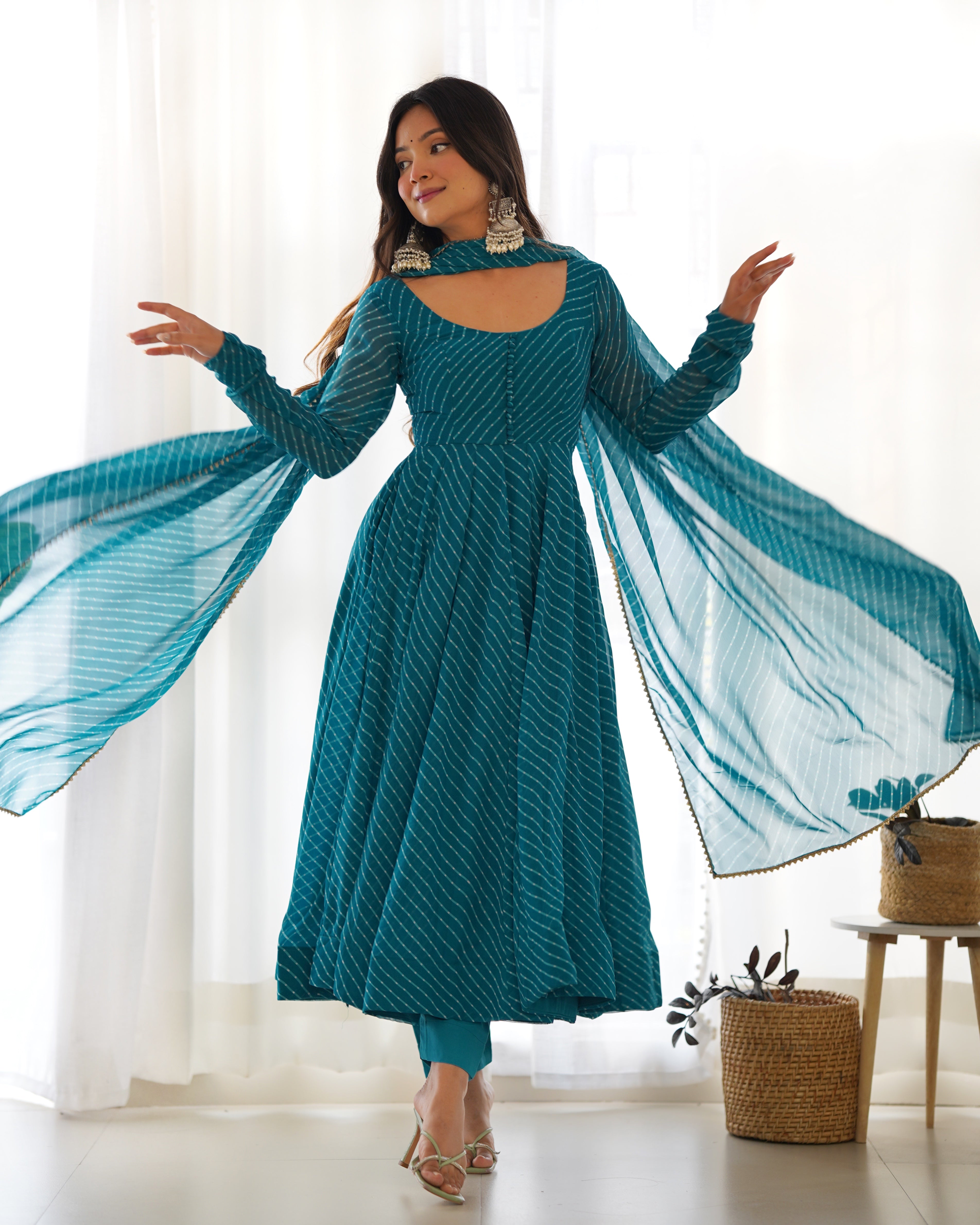 Teal Round Neck Leheriya Printed Regular Anarkali Kurta Set