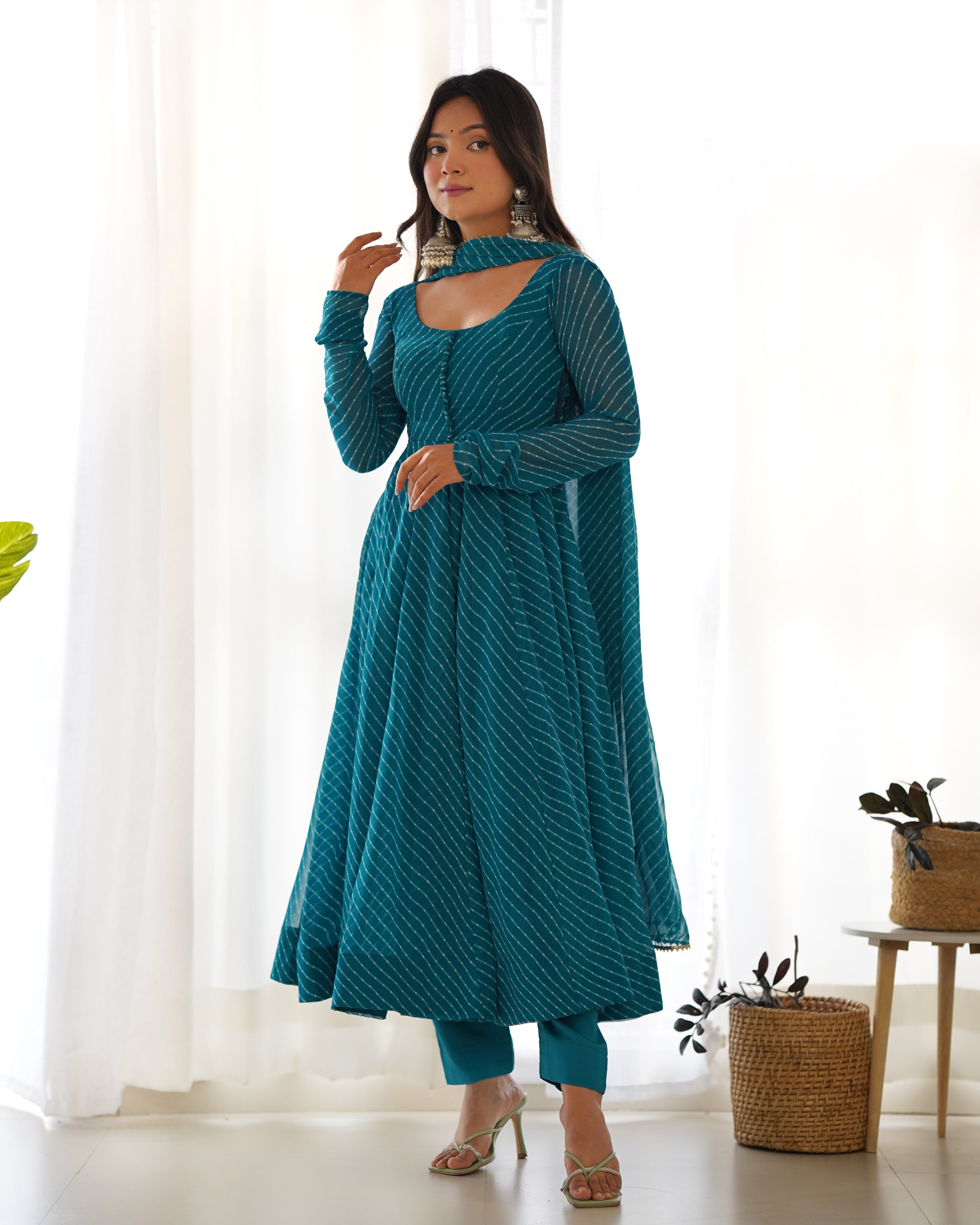Teal Round Neck Leheriya Printed Regular Anarkali Kurta Set