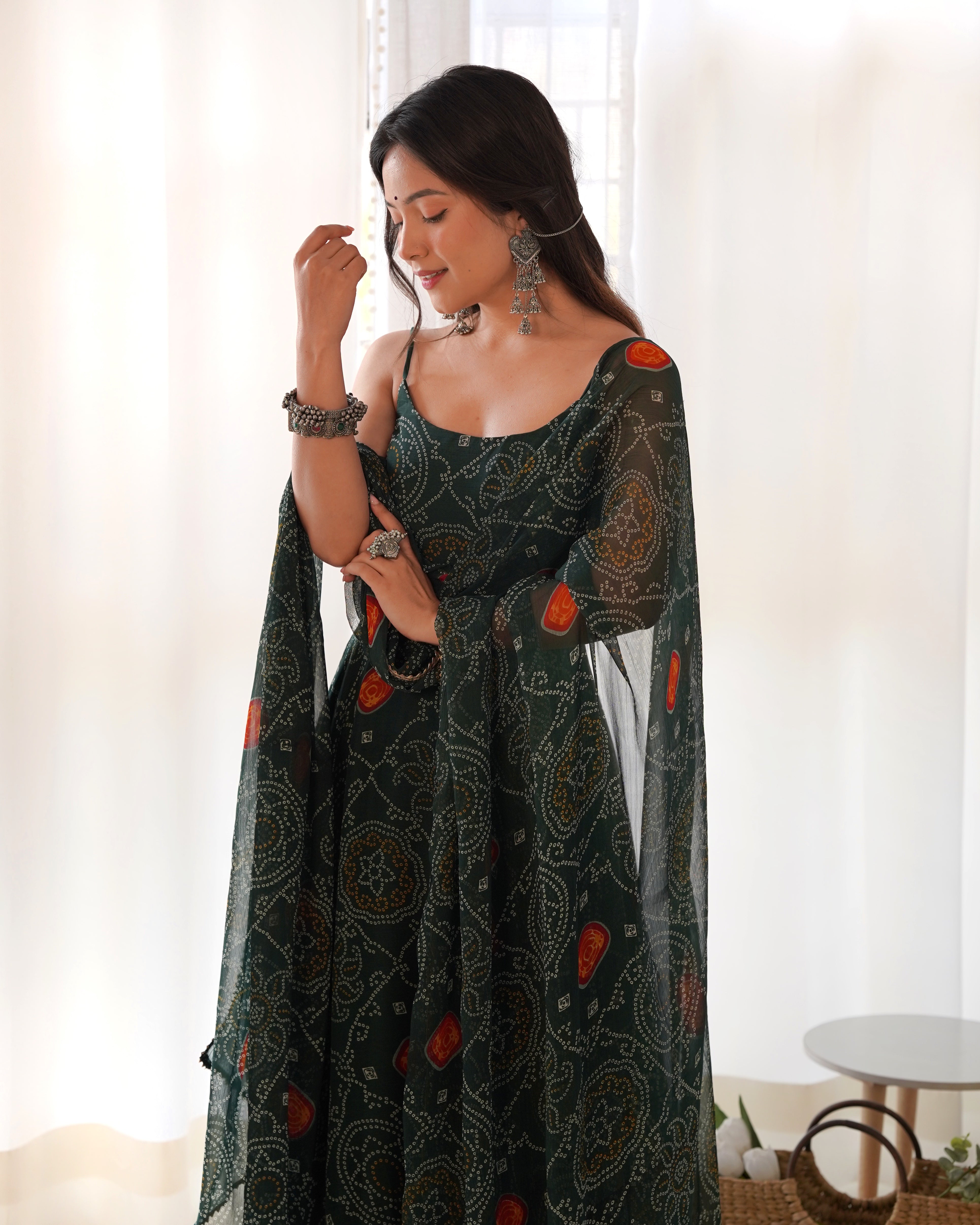 Enchanting Green Bandhani Printed Chiffon Gown for Festive Occasions