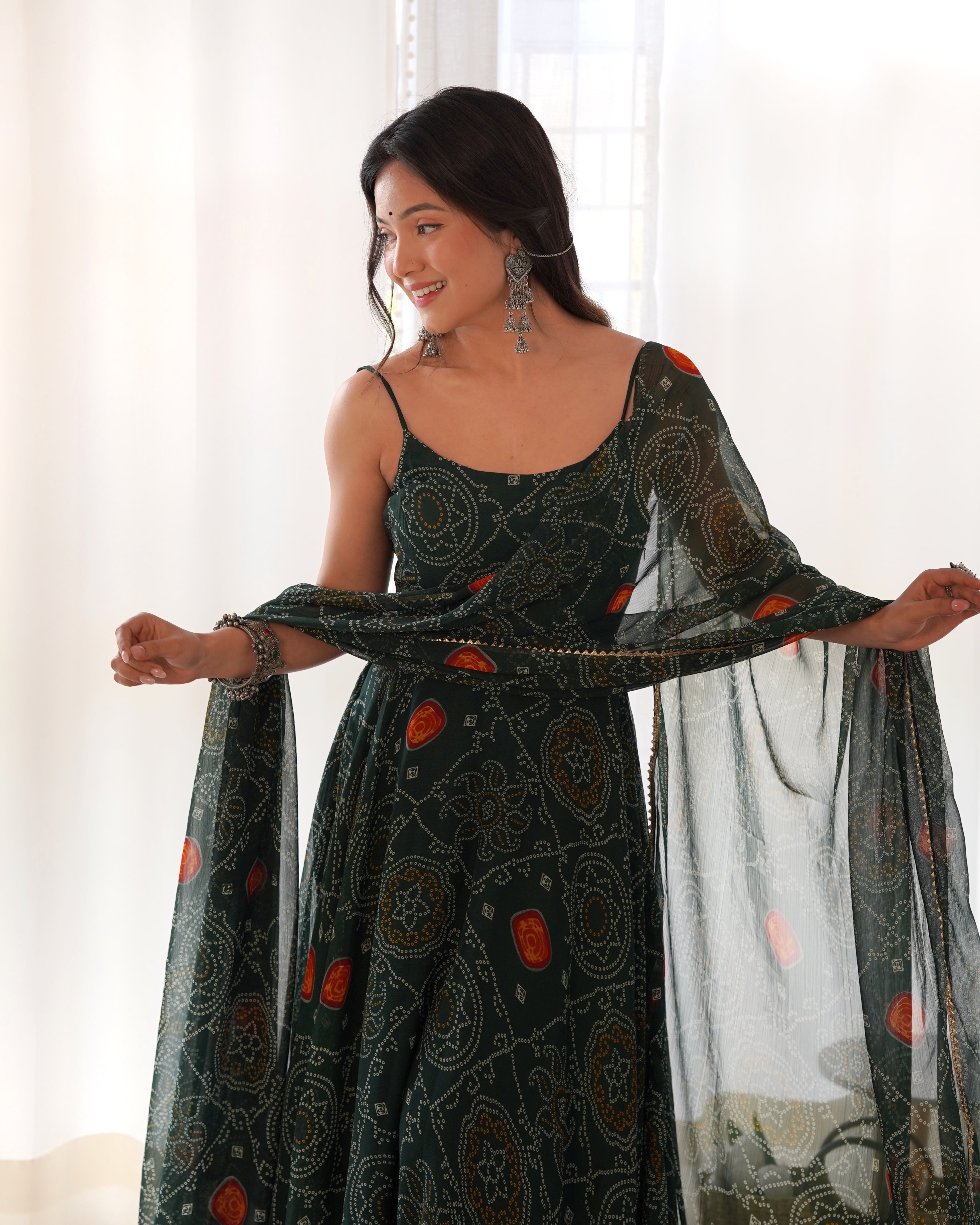 Enchanting Green Bandhani Printed Chiffon Gown for Festive Occasions