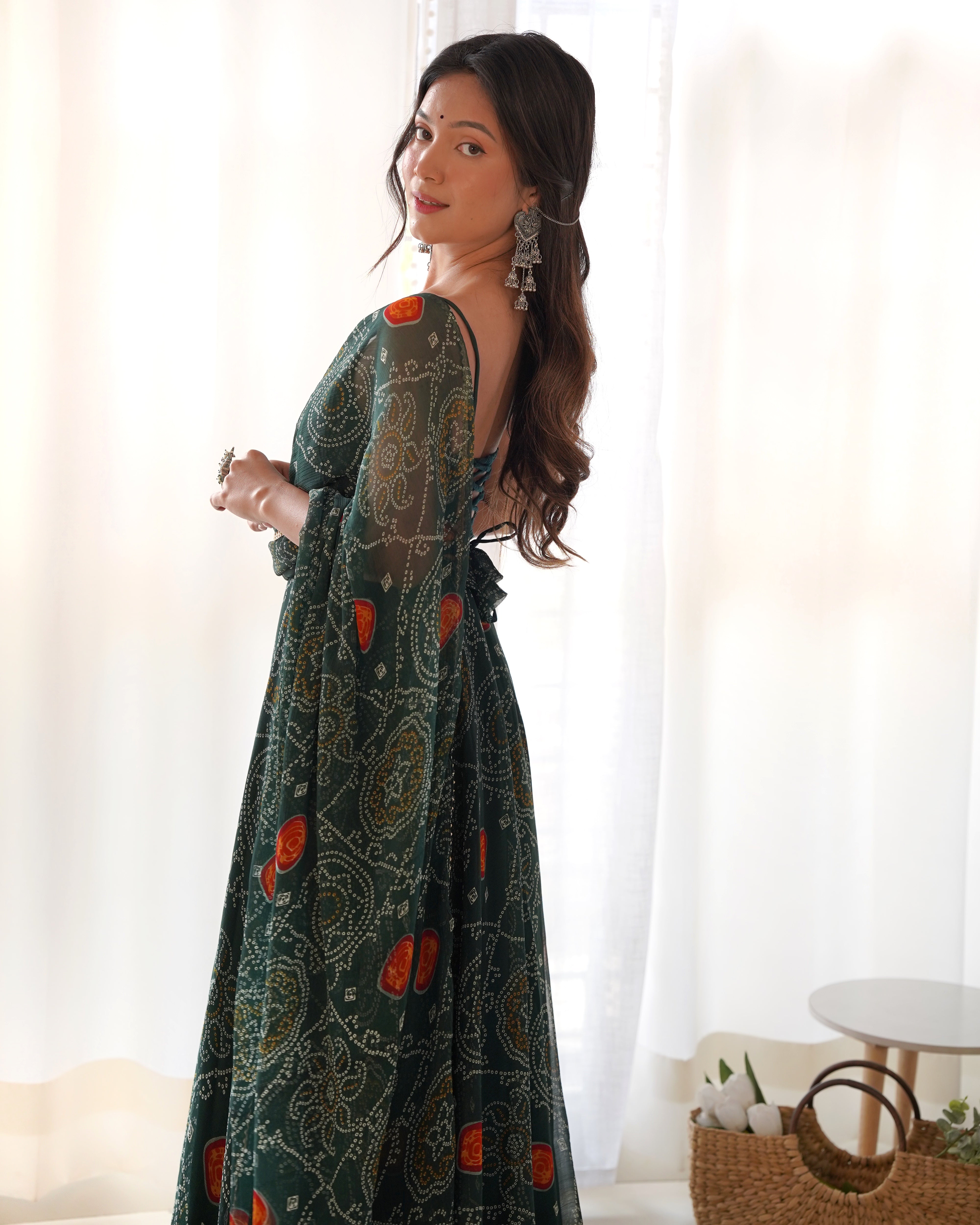 Enchanting Green Bandhani Printed Chiffon Gown for Festive Occasions