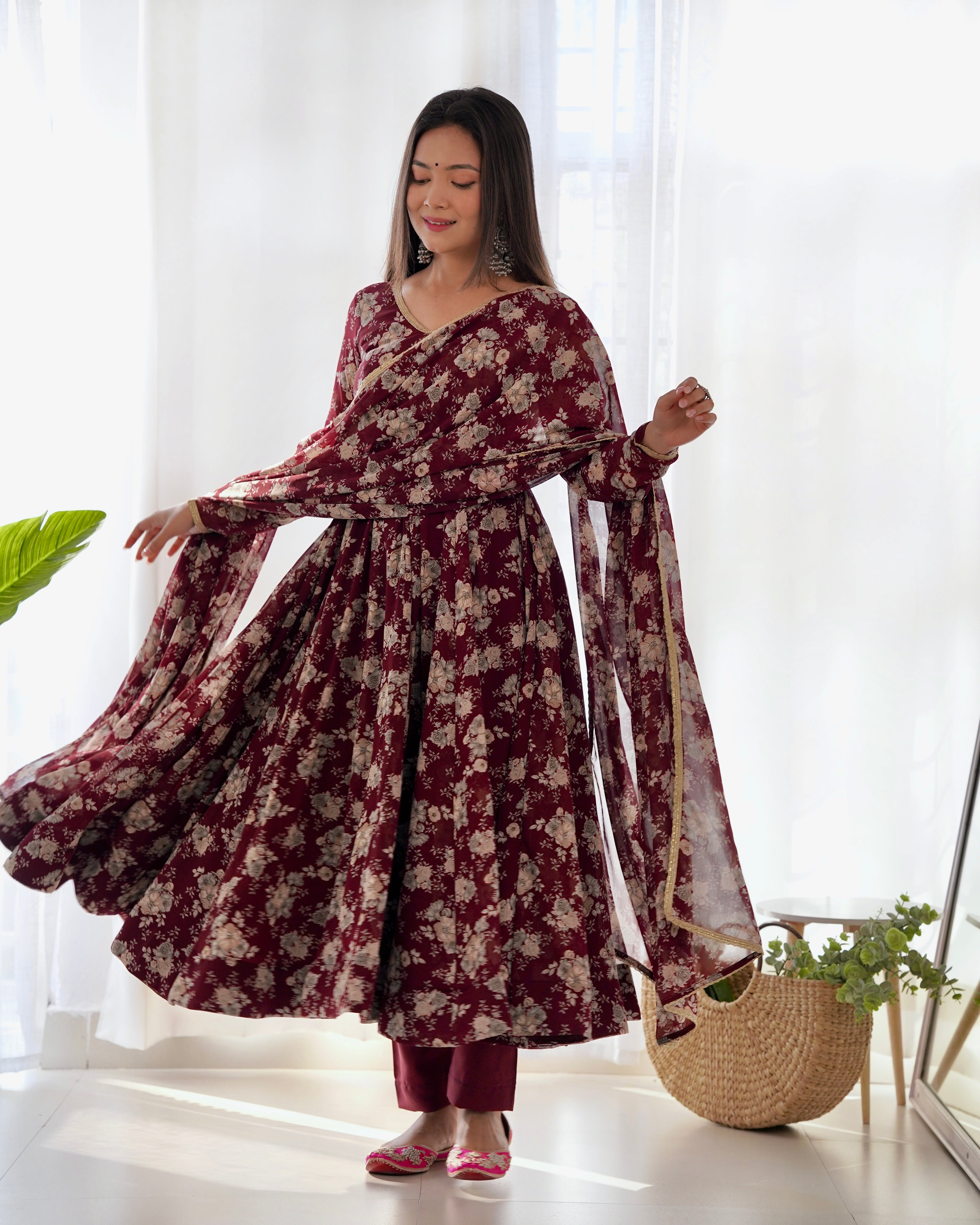 Maroon Faux Georgette Floral Printed Gown With Dupatta