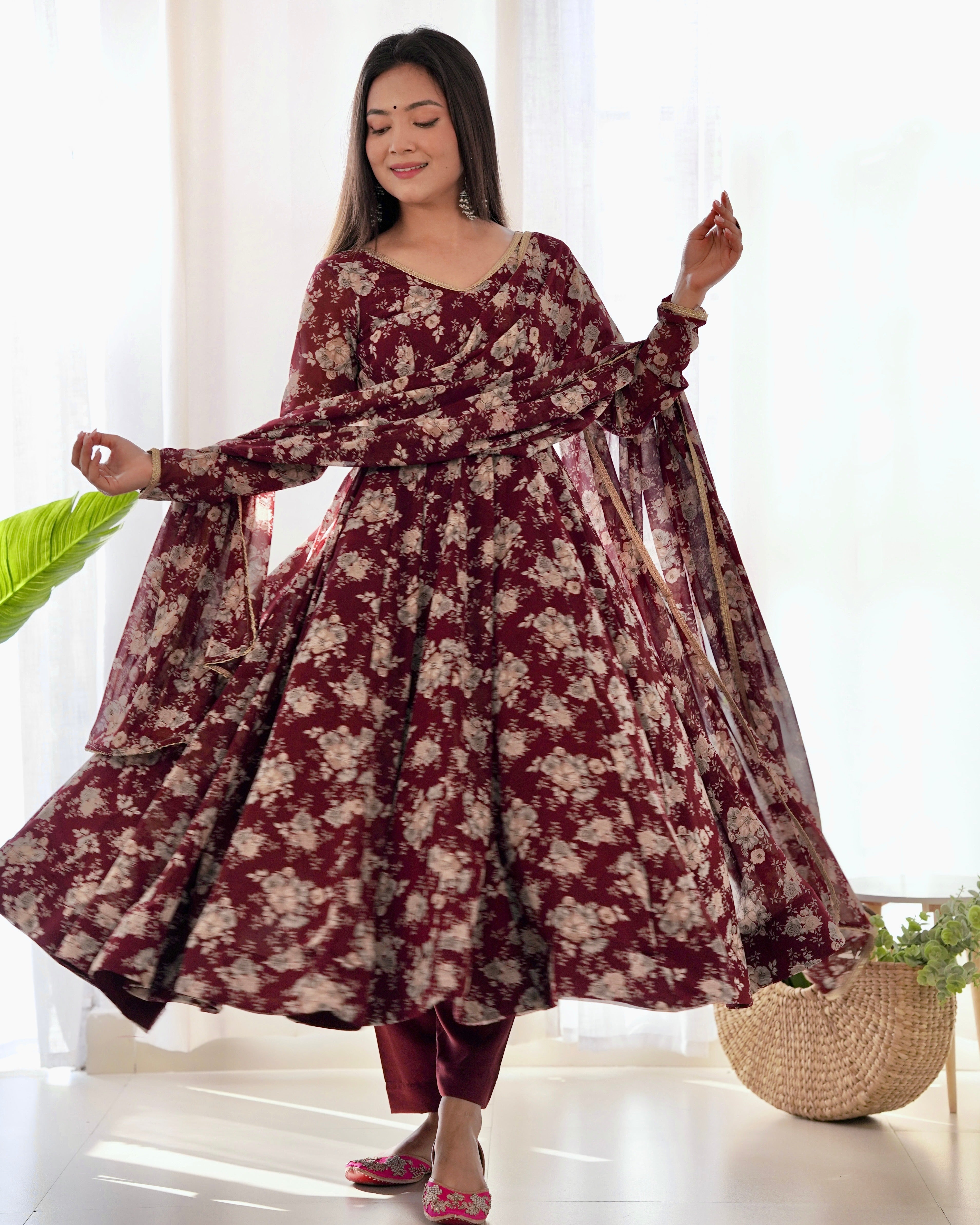 Maroon Faux Georgette Floral Printed Gown With Dupatta