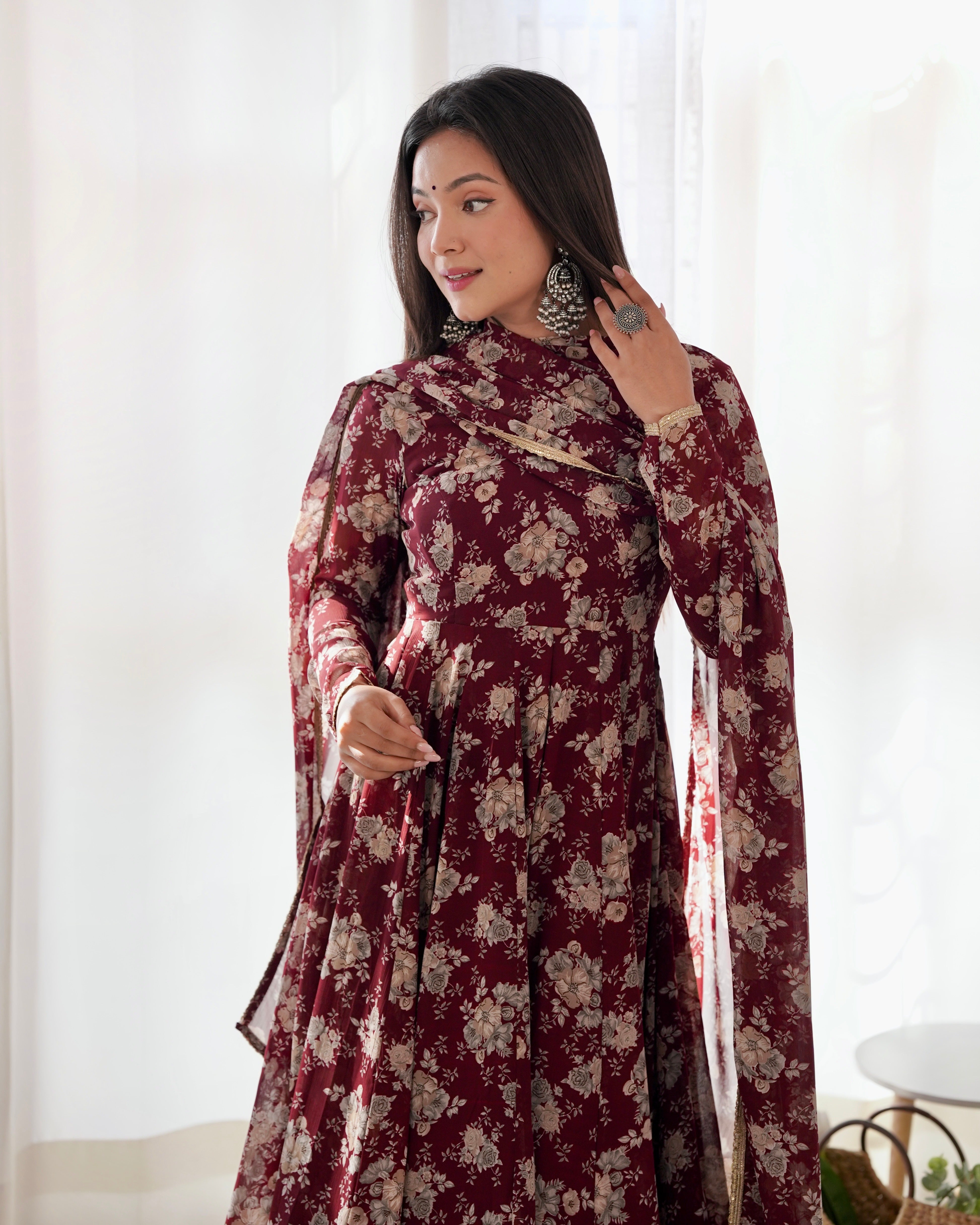 Maroon Faux Georgette Floral Printed Gown With Dupatta