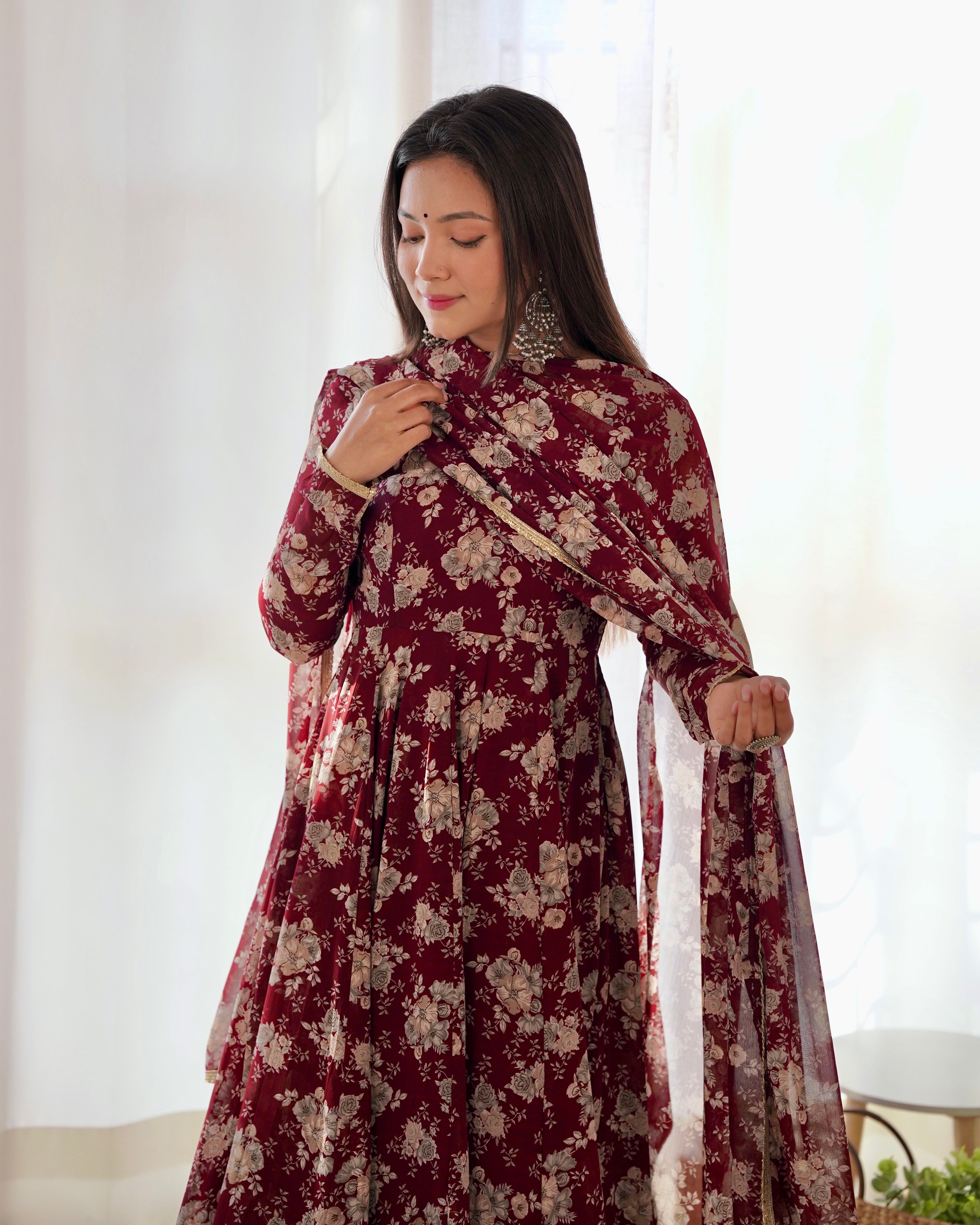 Maroon Faux Georgette Floral Printed Gown With Dupatta