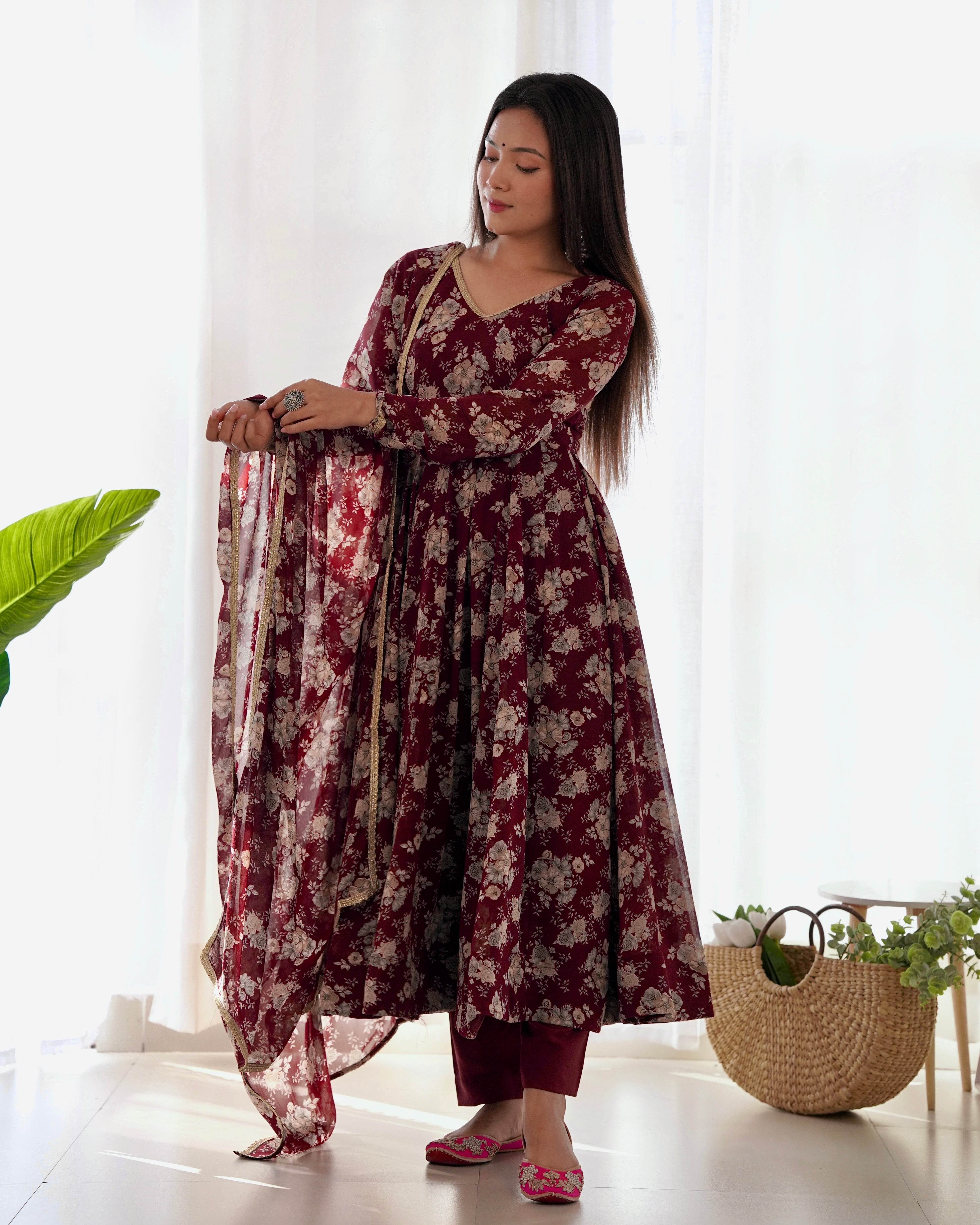 Maroon Faux Georgette Floral Printed Gown With Dupatta