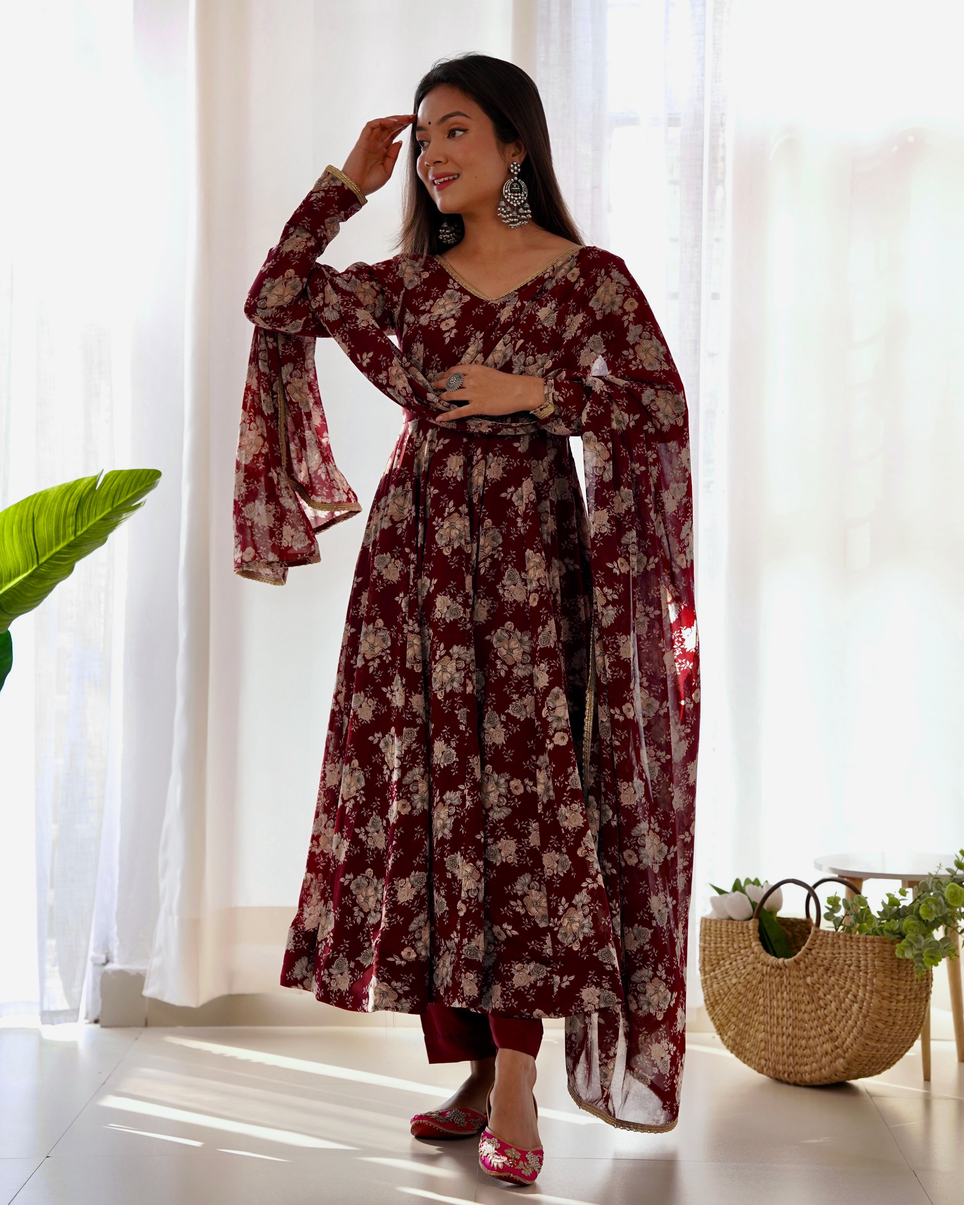 Maroon Faux Georgette Floral Printed Gown With Dupatta