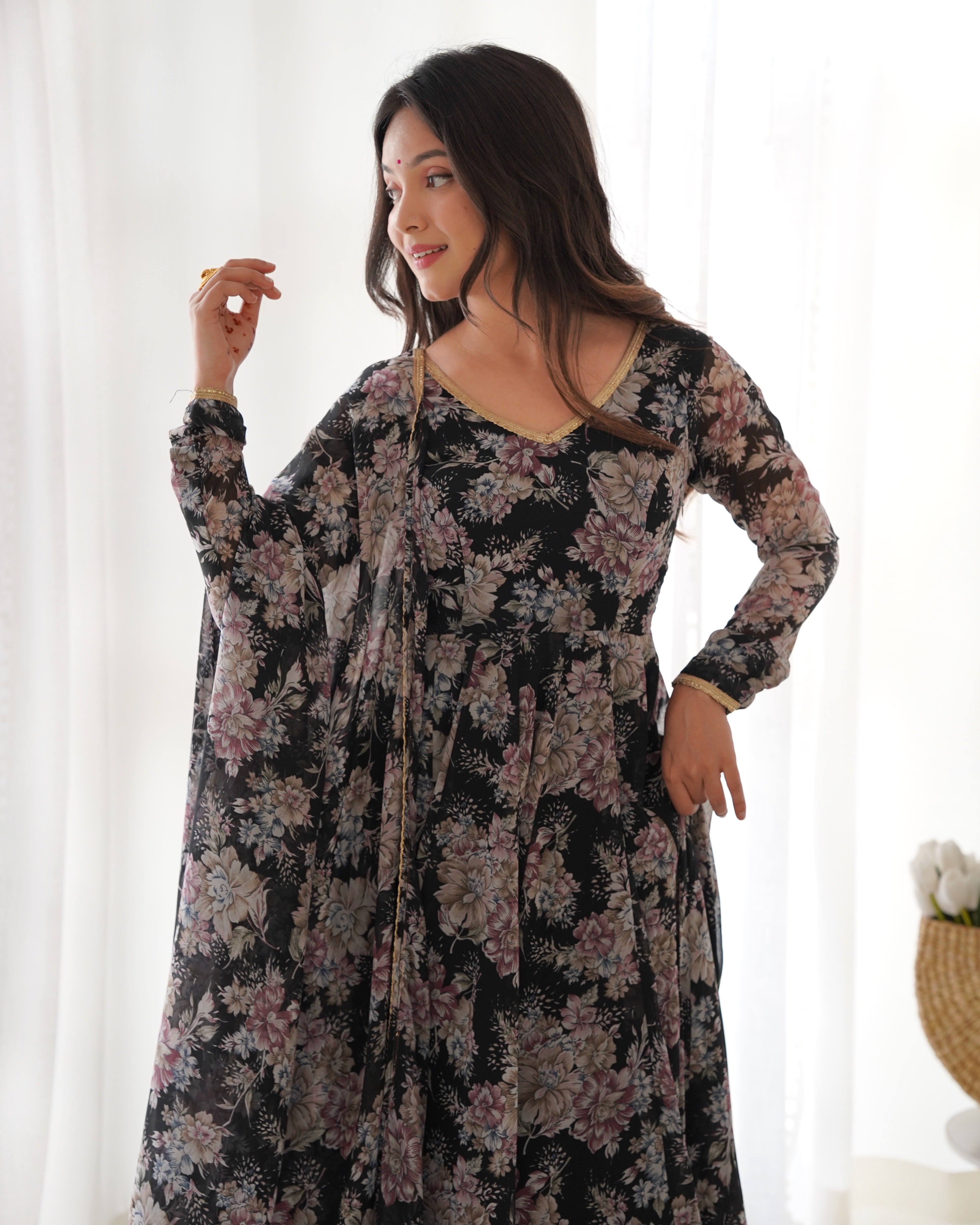 Black Faux Georgette Floral Printed Gown With Dupatta