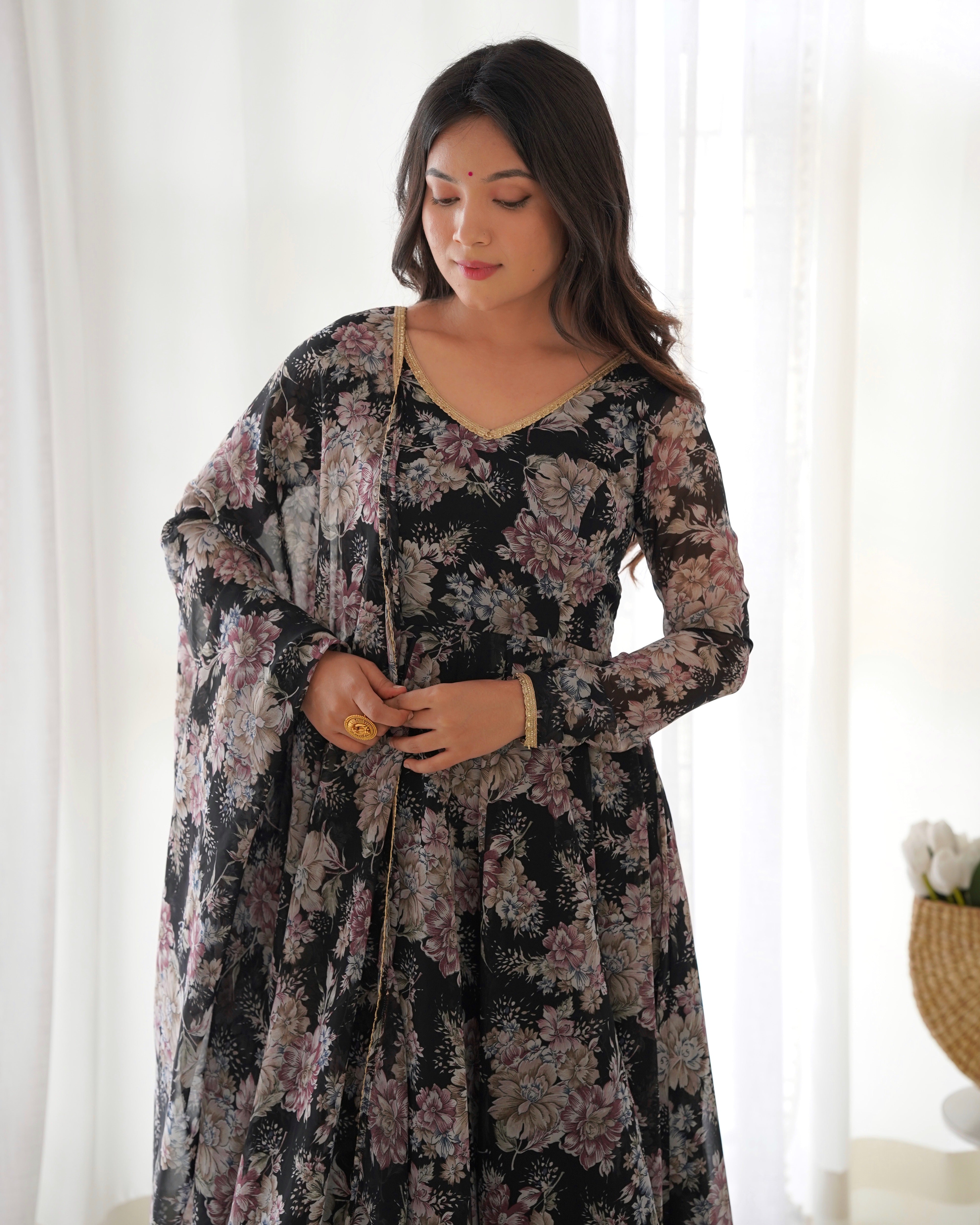 Black Faux Georgette Floral Printed Gown With Dupatta