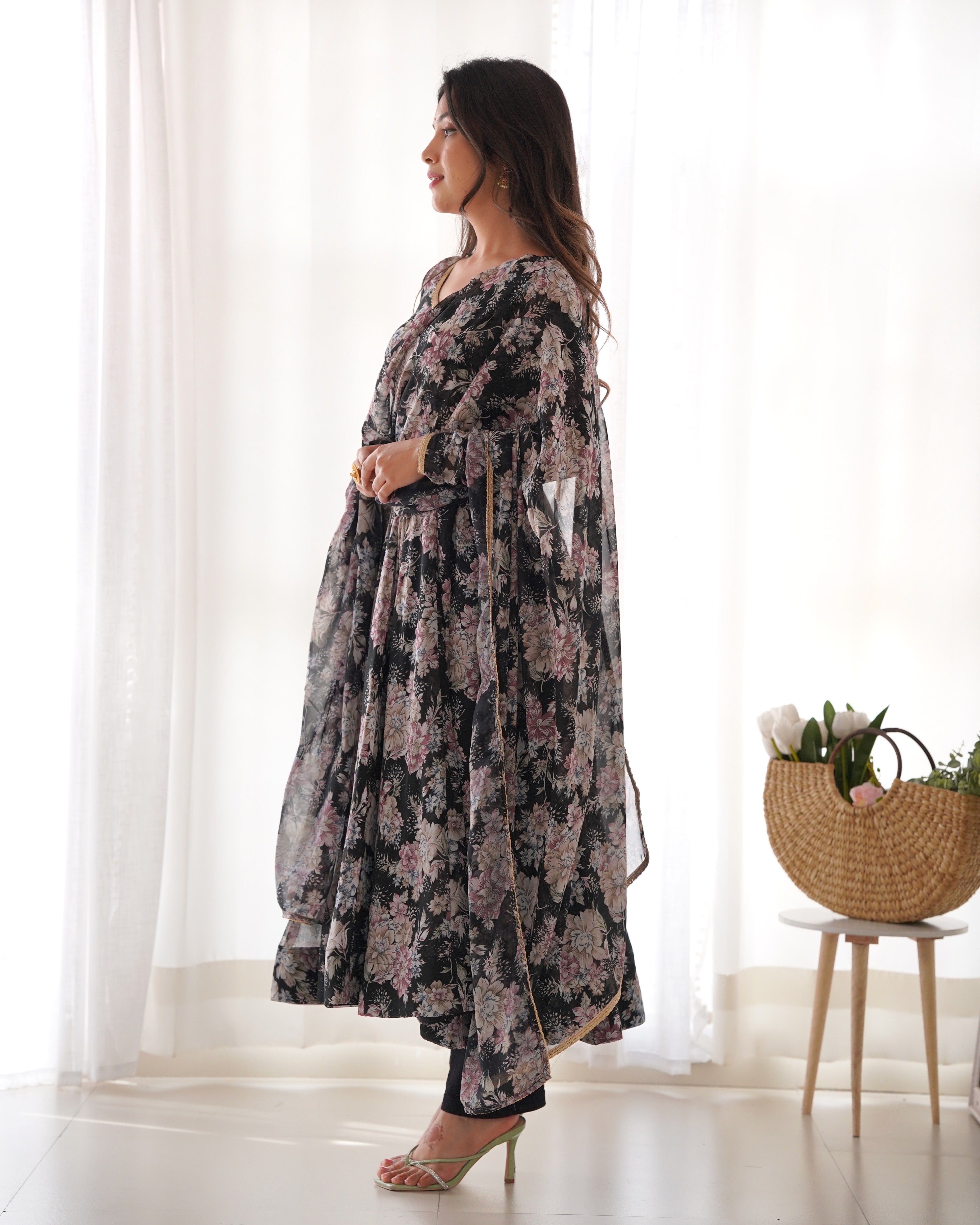 Black Faux Georgette Floral Printed Gown With Dupatta