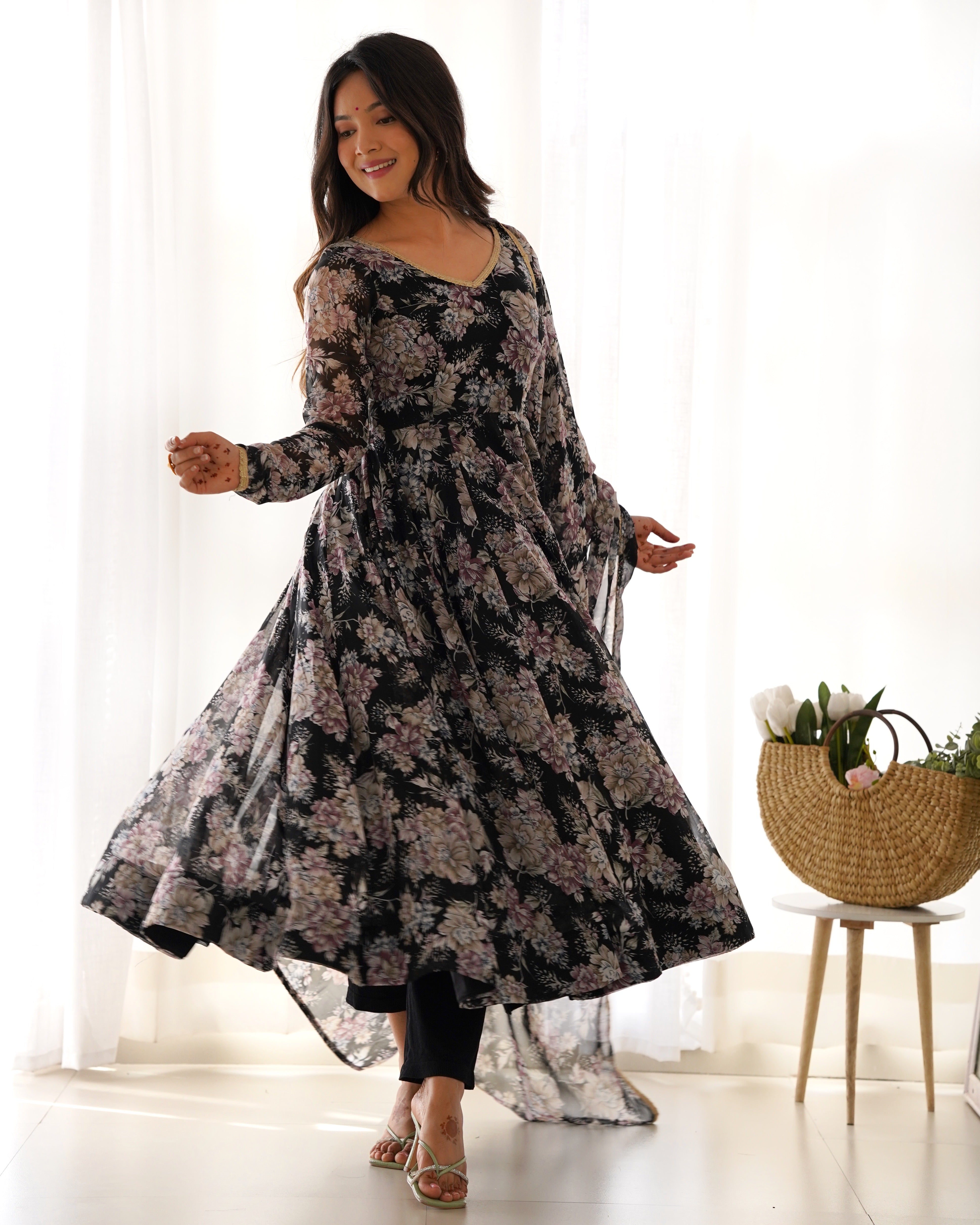 Black Faux Georgette Floral Printed Gown With Dupatta