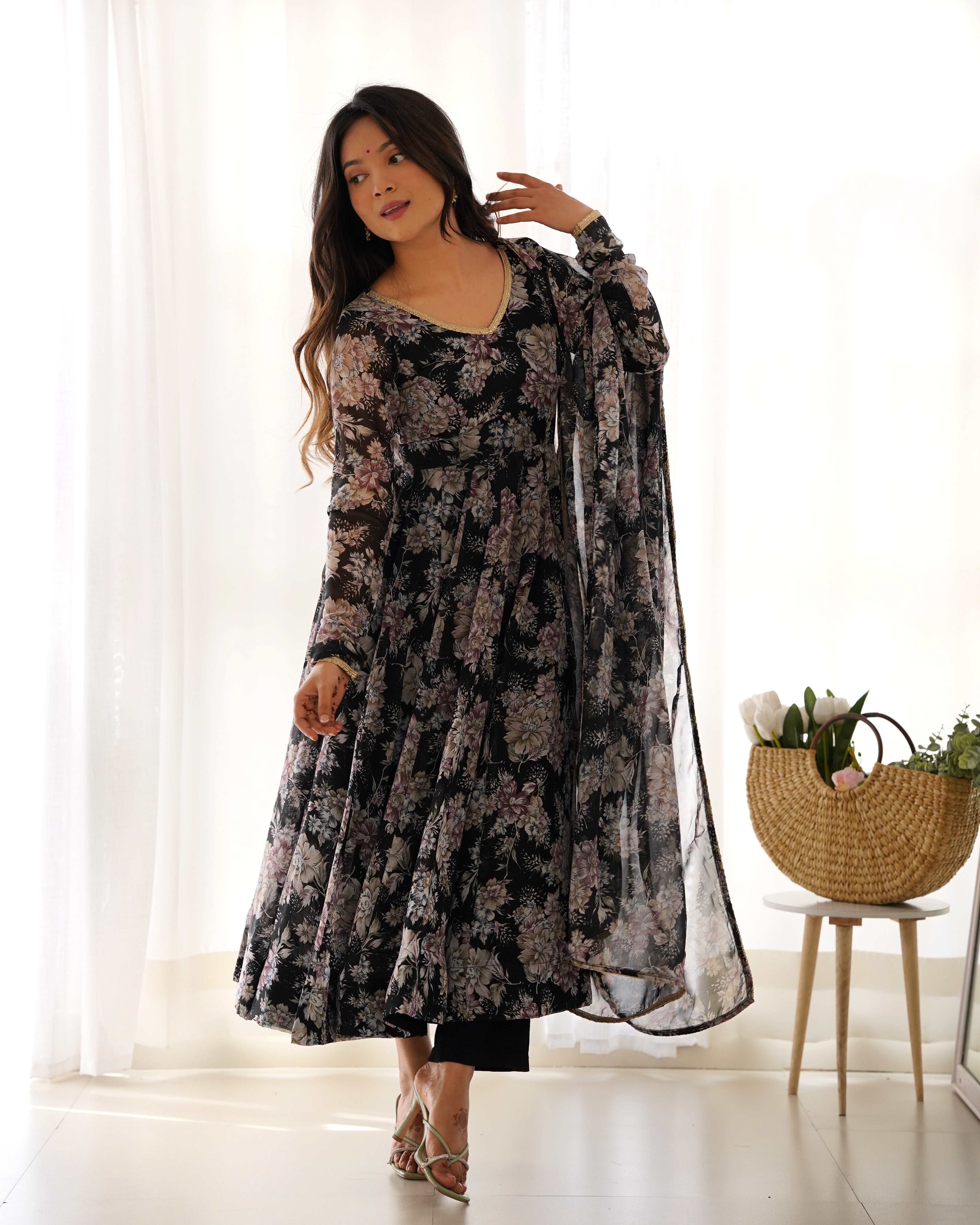 Black Faux Georgette Floral Printed Gown With Dupatta