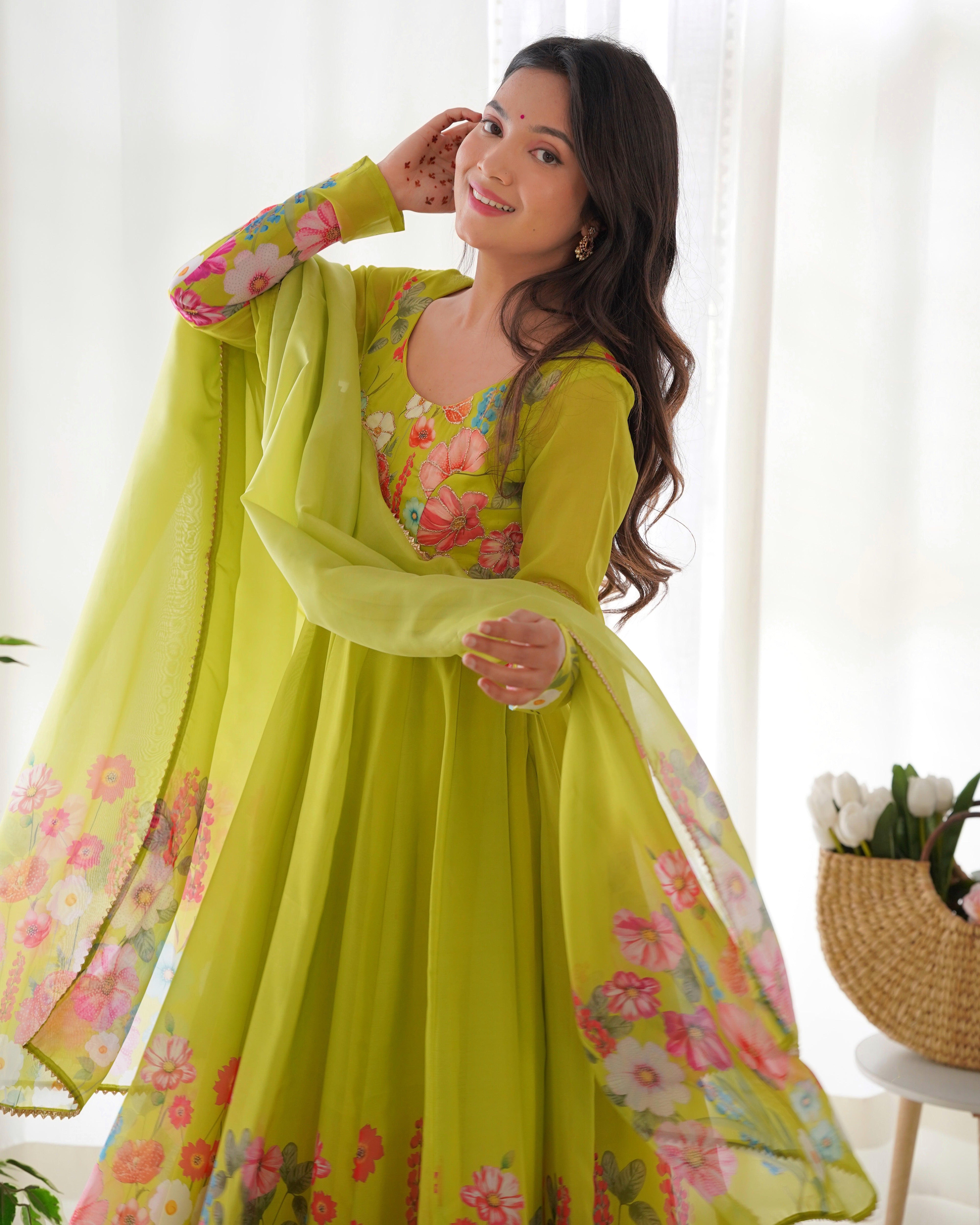 Green Pure soft organza silk fabric fully flair kali pattern Kurta Suit
