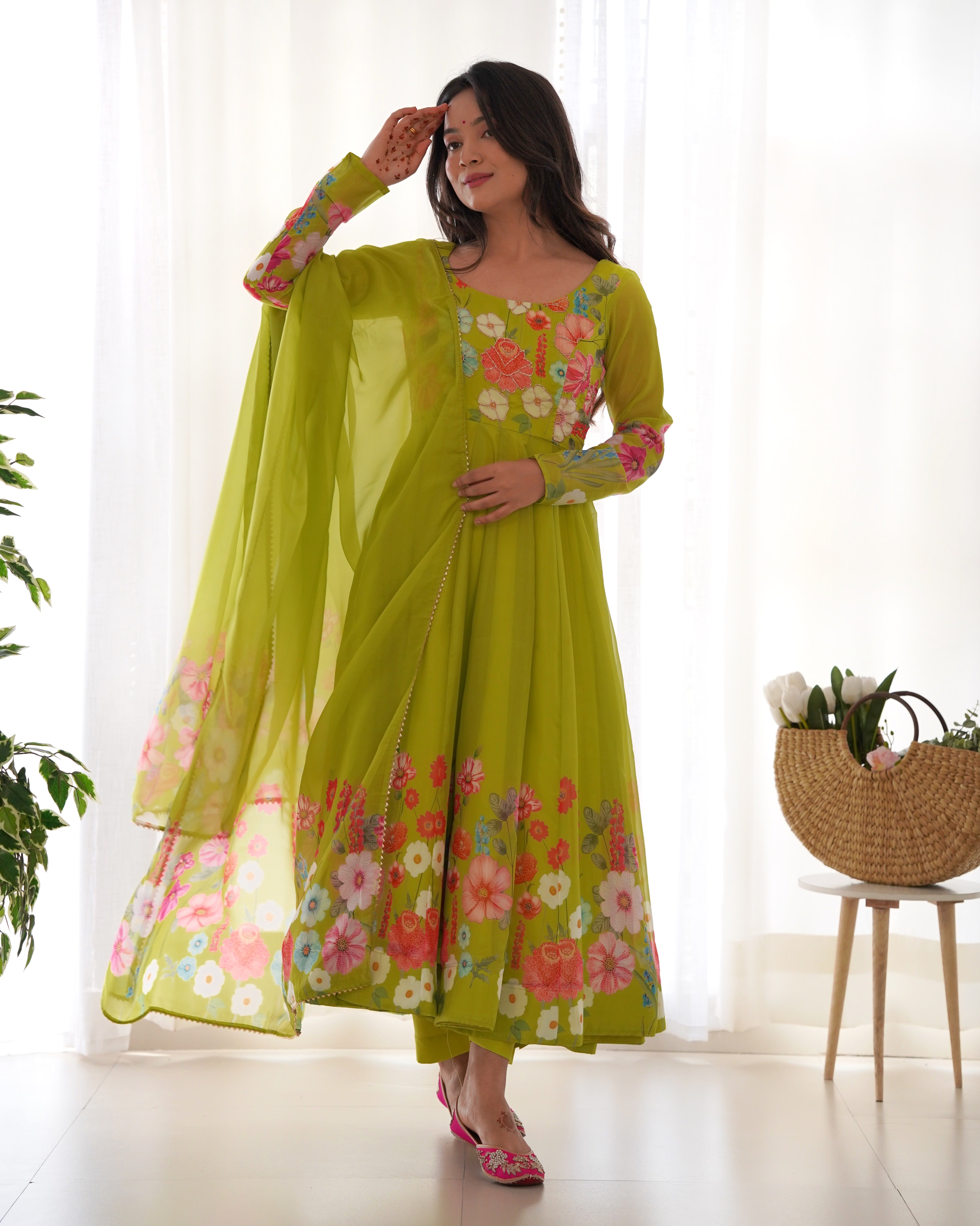 Green Pure soft organza silk fabric fully flair kali pattern Kurta Suit